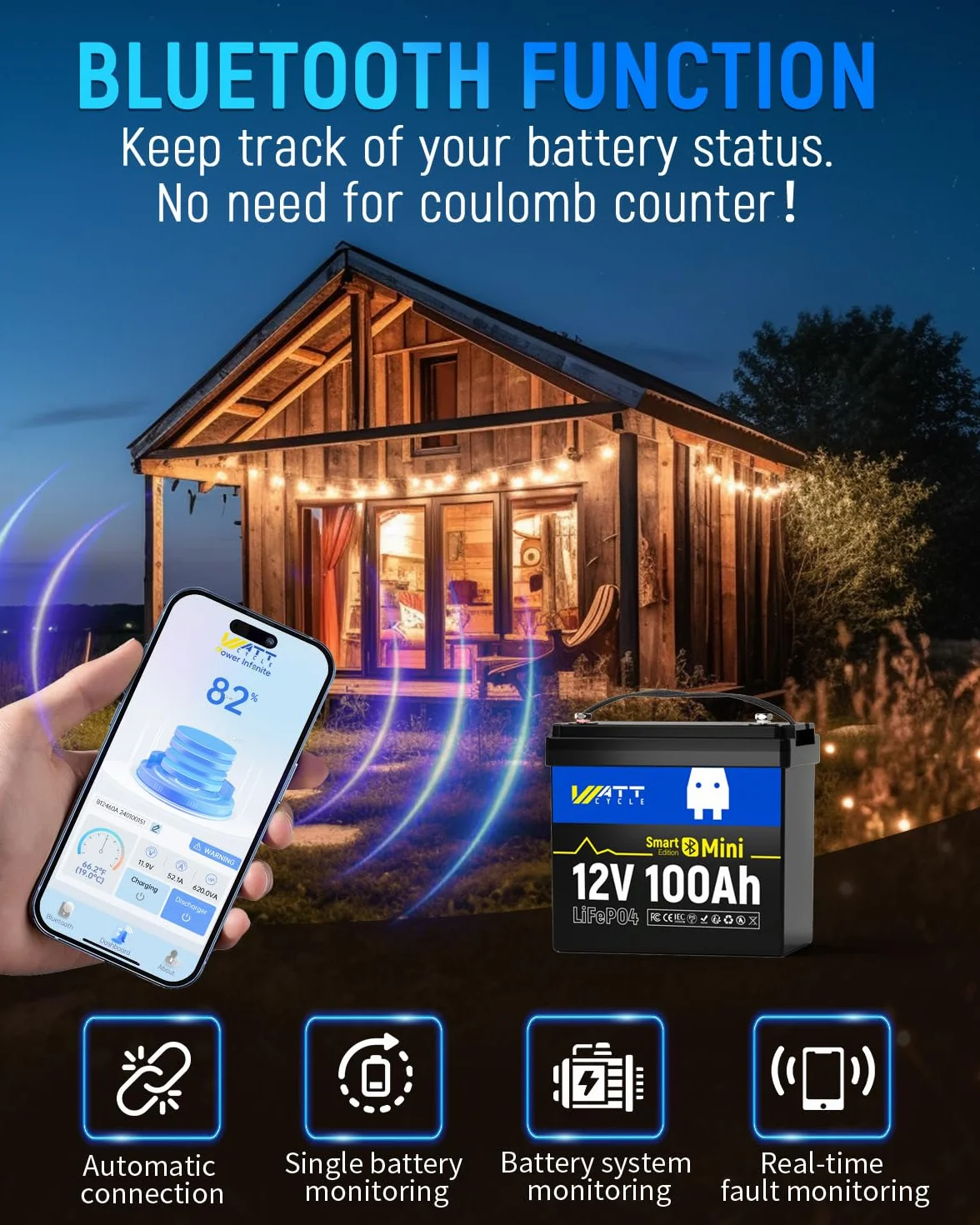 WattCycle Bateria litowa 12V 100Ah LiFePO4 z Bluetooth BCI Group 24 Smart BMS 15000 cykli