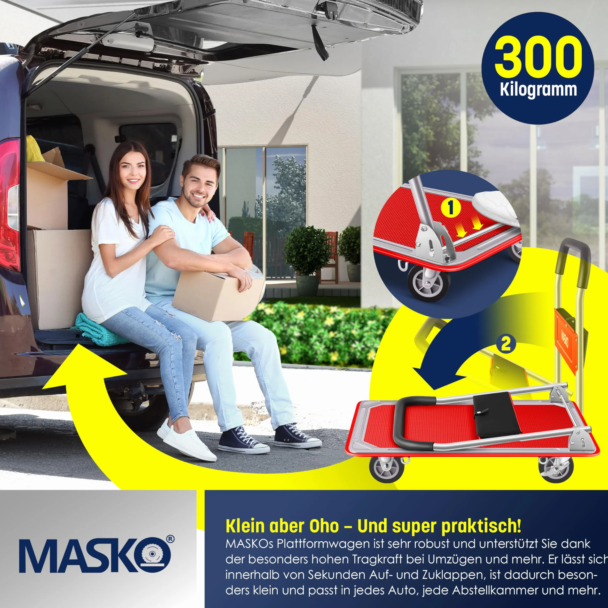 MASKO® Wózek z Platformą Transportowy, Składany z Rękawicami Roboczymi, Hamulec Postojowy, 6 Oczek Zabezpieczających, Kółka Skrętne 360°