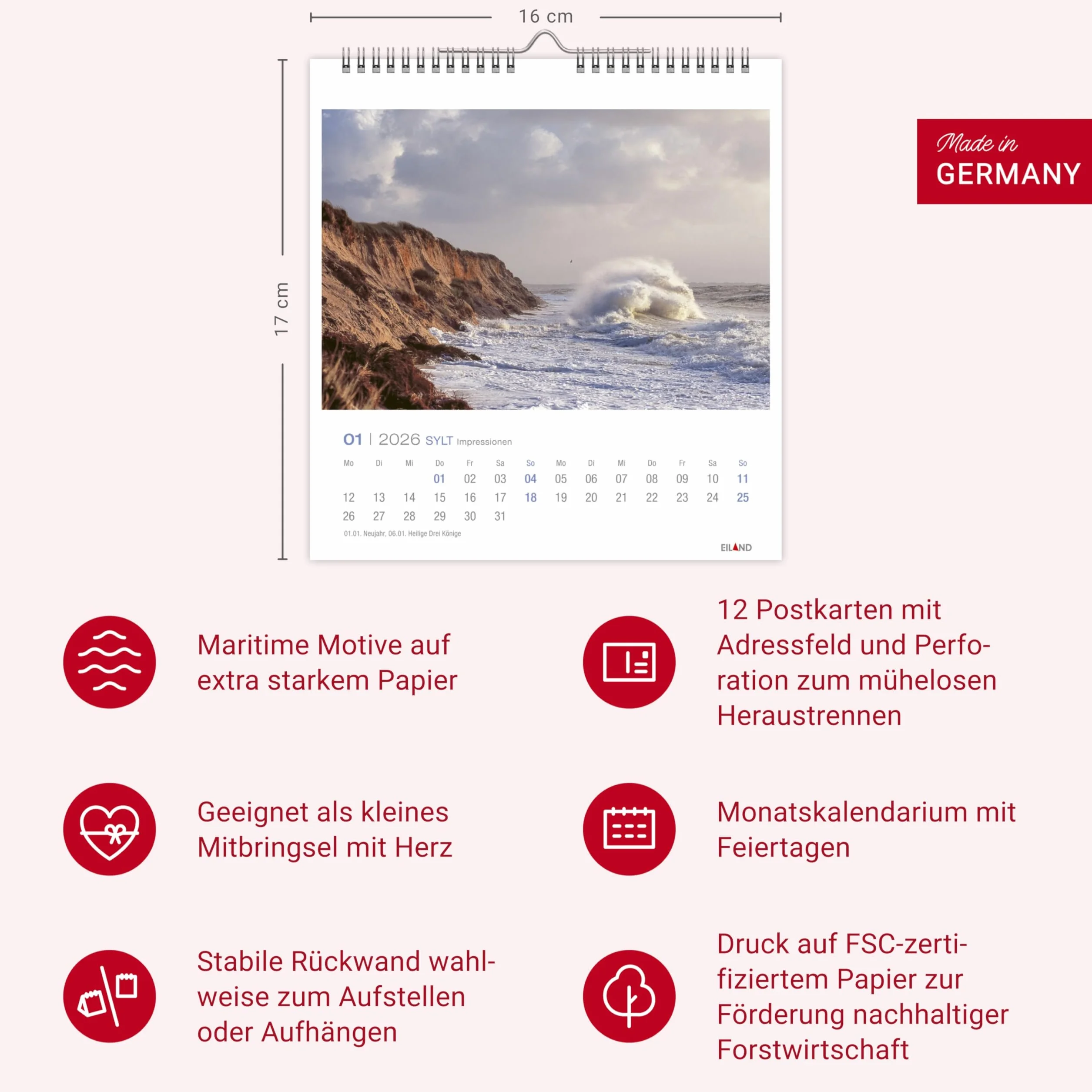 Sylt Impressionen Postkartenkalender 2026: Die schönsten Seiten der Insel, Fotokalender mit monatlichen Postkarten