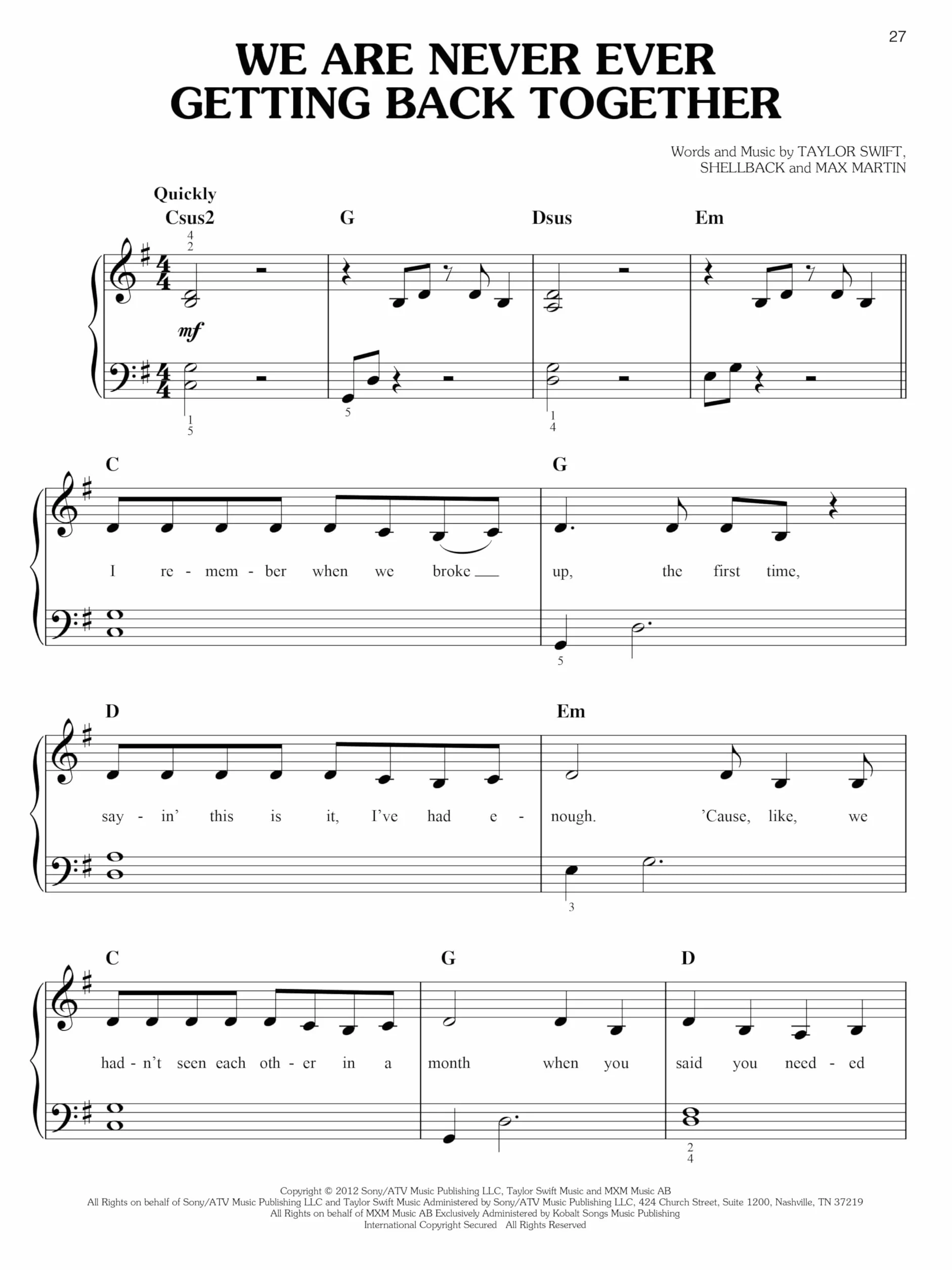 Taylor Swift Easy Piano Play-Along Volume 19: Recueil + Enregistrements en Ligne