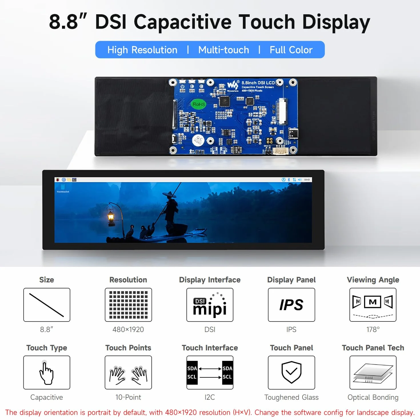 Waveshare 8.8 inch DSI Display Capacitive Touch Screen, Compatible with Raspberry Pi 5/4B/3B/CM3/3+/4/5, 480 × 1920 IPS Panel, 178° Wide Viewing Angle, DSI Display Interface