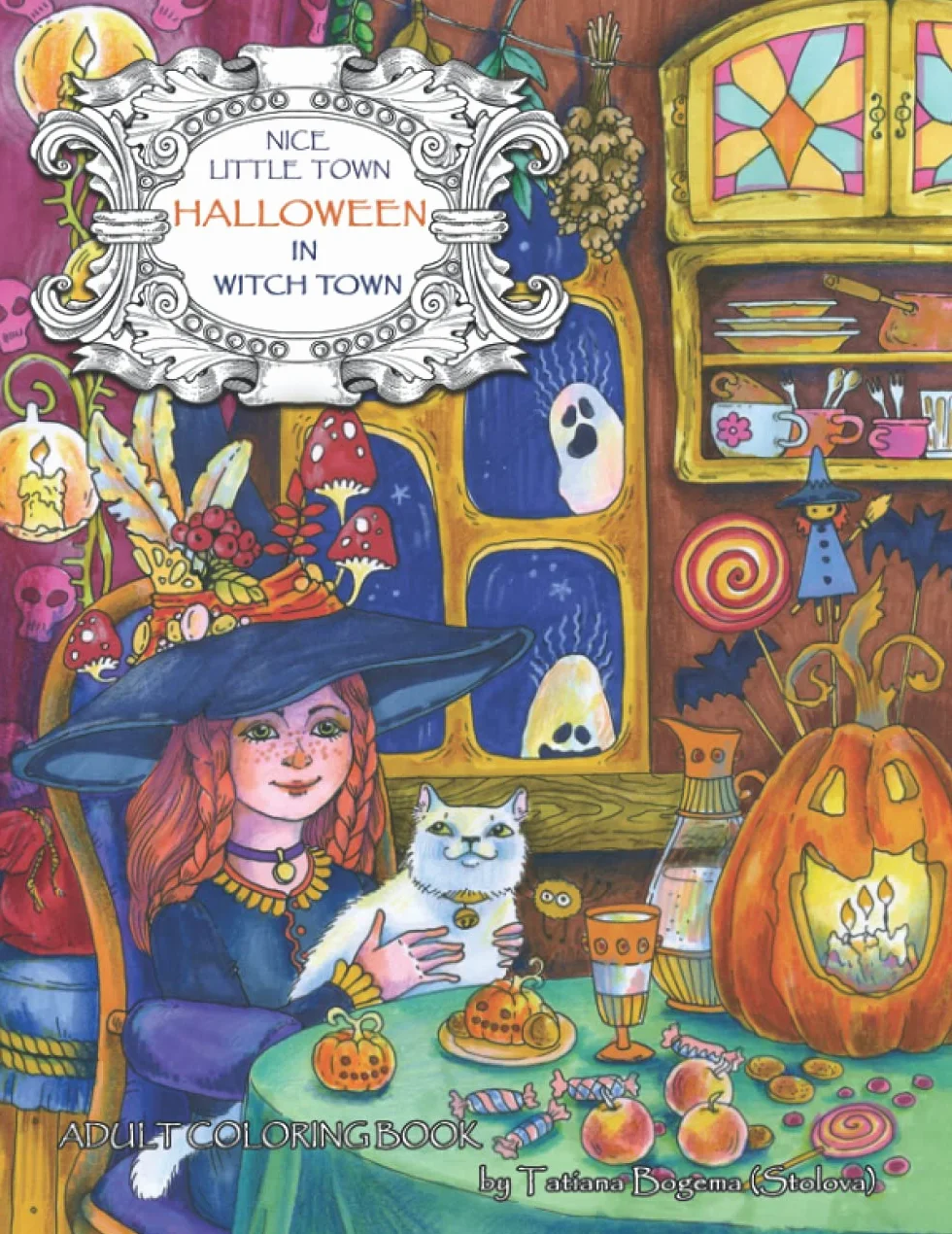 Halloween in Witch Town Adult Coloring Book Stress Relieving Designs