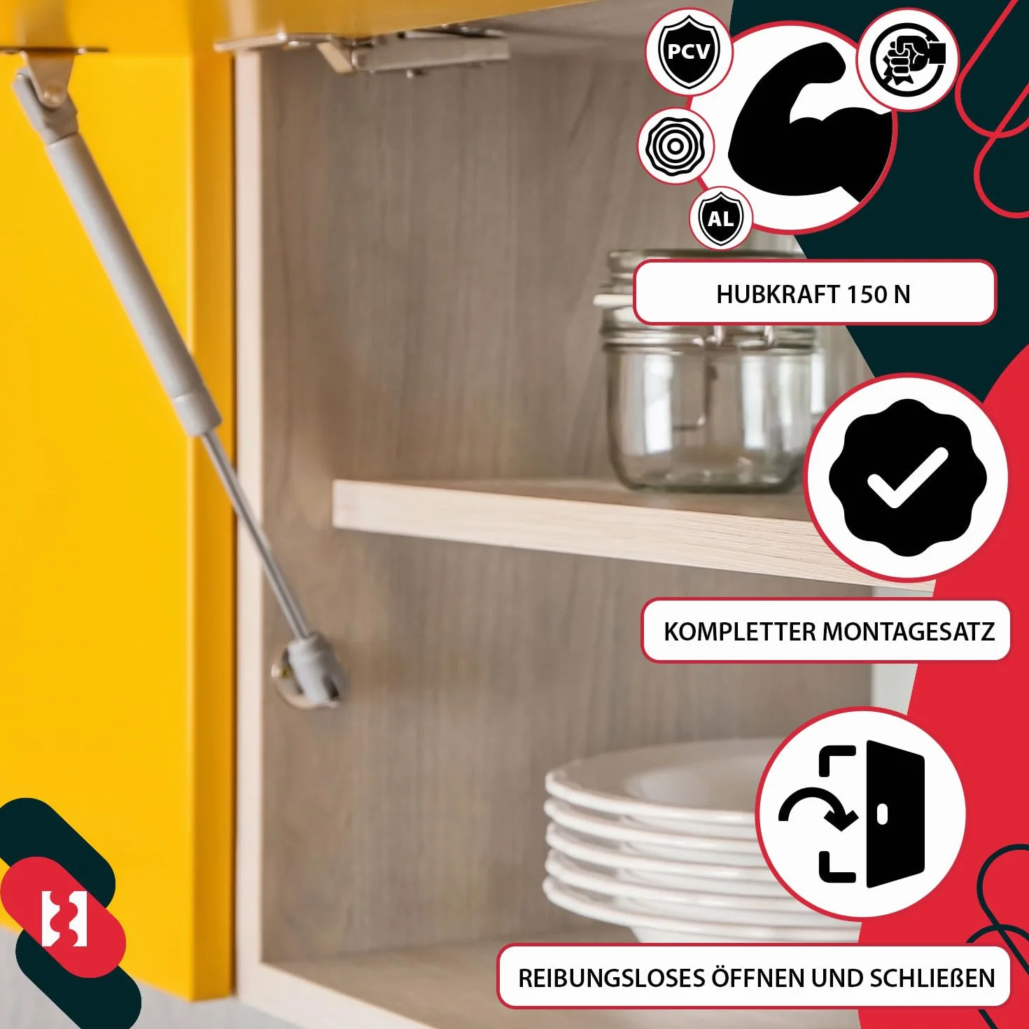 KOTARBAU® Zestaw 2 okuć klap, sprężyna gazowa 150 N, srebrny, amortyzator do mebli, szafek kuchennych, sprężyn gazowych, amortyzatorów, drzwi szafy, cichego domykania, amortyzator drzwi