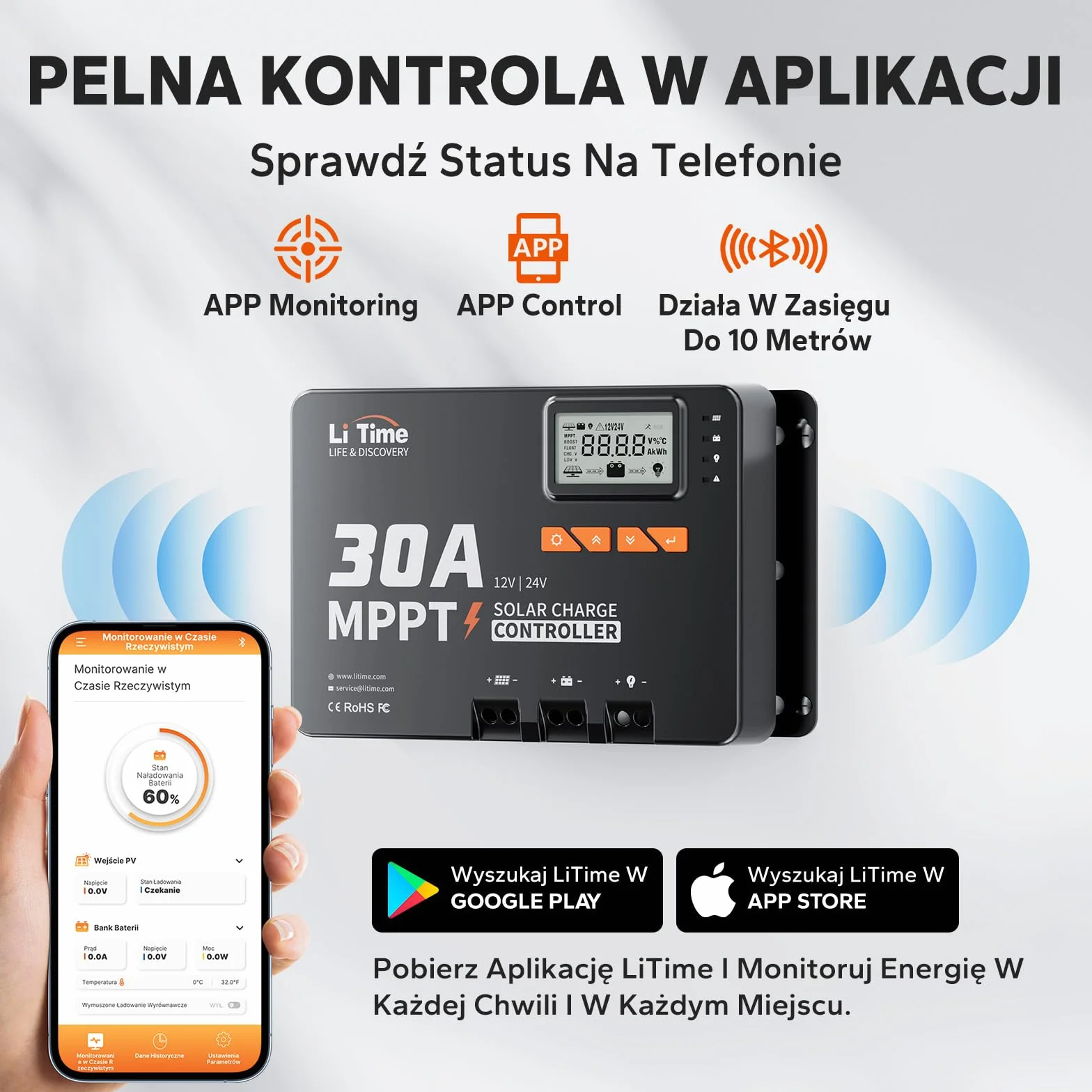 LiTime 30A MPPT 12V/24V Auto DC Regulator Ładowania Solarnego z Adapterem Bluetooth