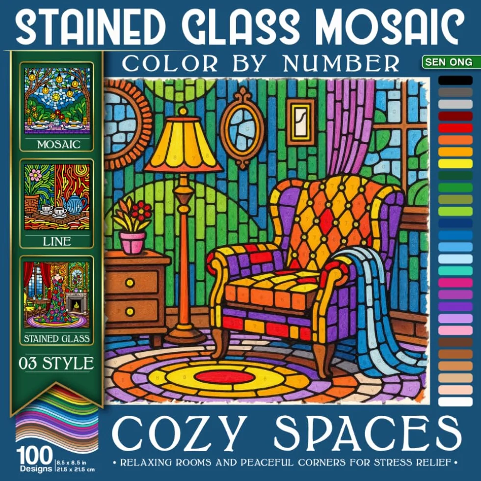 Cozy Spaces Stained Glass Mosaic Color by Number: 100 Relaxing Rooms and Peaceful Corners for Stress Relief