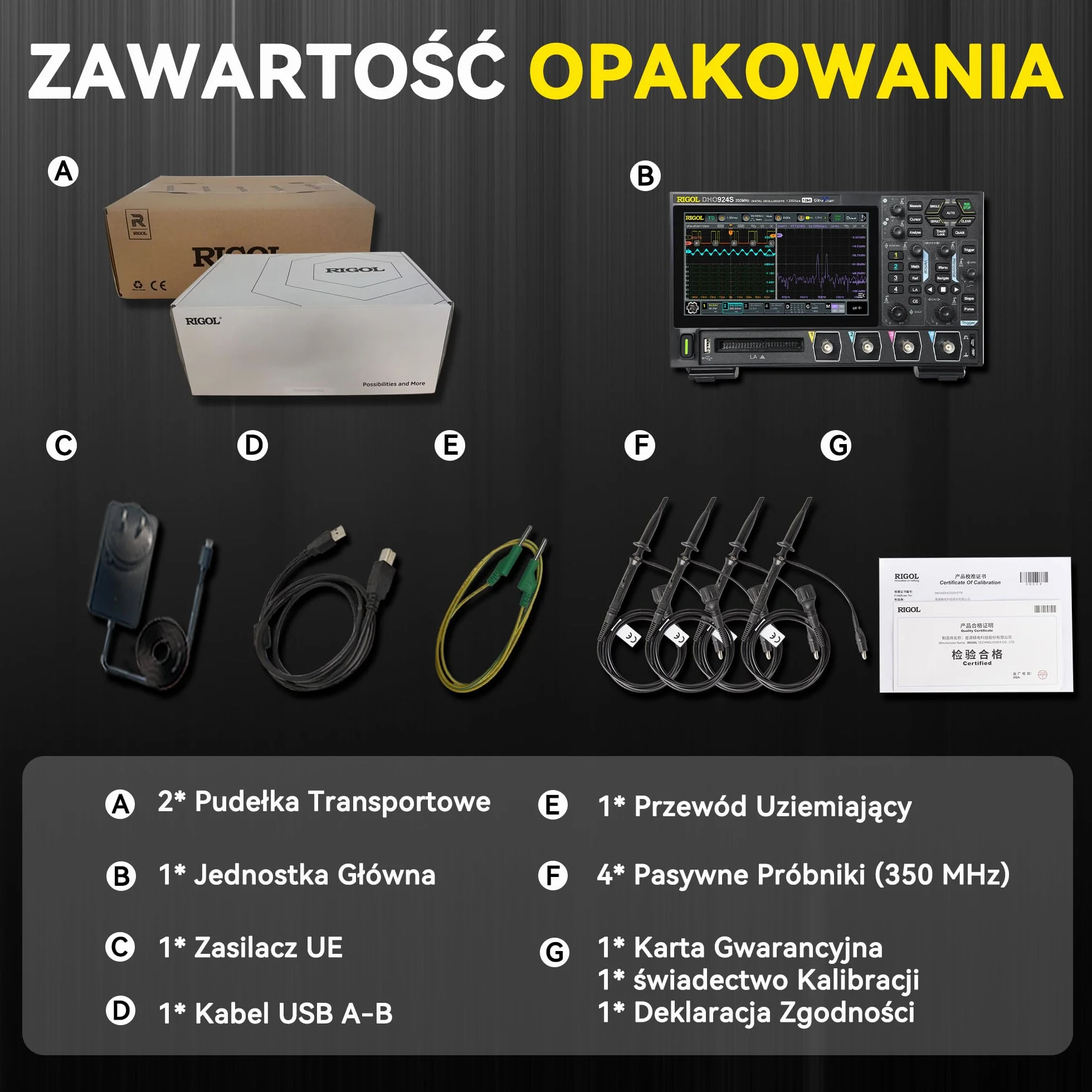 RIGOL DHO924S Oscyloskop,Przenośny Cyfrowy Oscyloskop,250 MHz,12 bit,4 kanały analogowe,16 kanałów cyfrowych,obsługuje analizę wykresu Bode'a,zintegrowany generator sygnałowy 25MHz