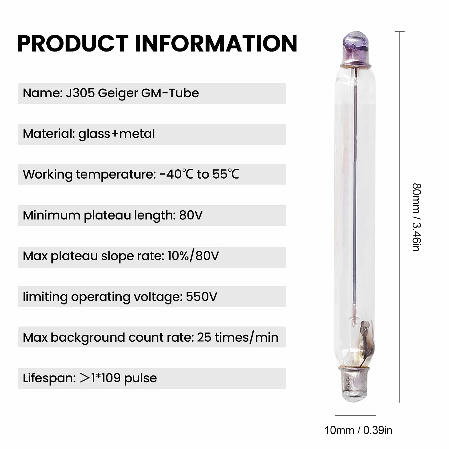 J305 Geiger Counter Tube Detektor jądrowy - M akcesorium do katody tlenku cyny koncentrycznej cylindrycznej struktury cienkiej powłoki Halogen wykrywa promienie i miękkie promieniowanie β-ray