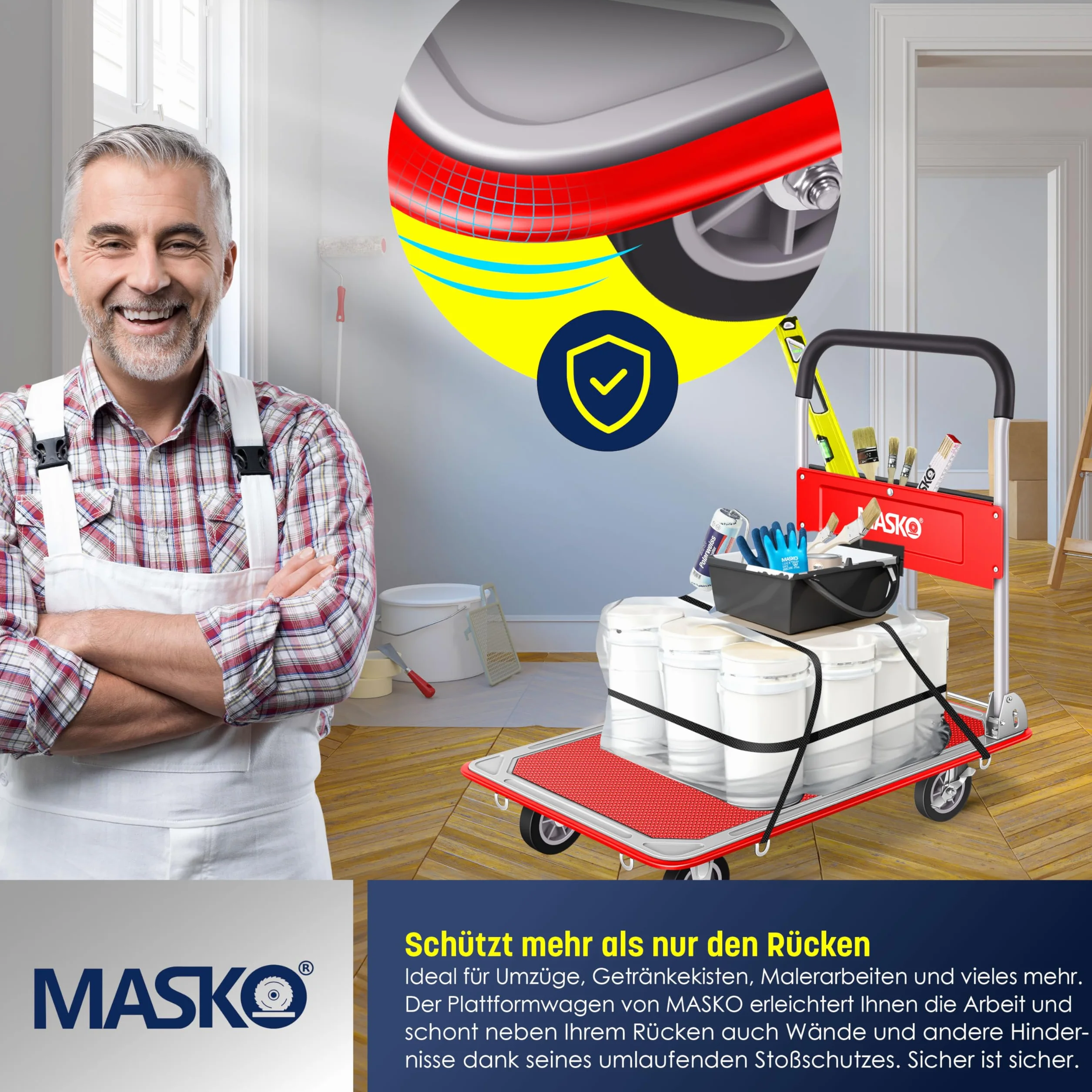 MASKO® Wózek z Platformą Transportowy, Składany z Rękawicami Roboczymi, Hamulec Postojowy, 6 Oczek Zabezpieczających, Kółka Skrętne 360°
