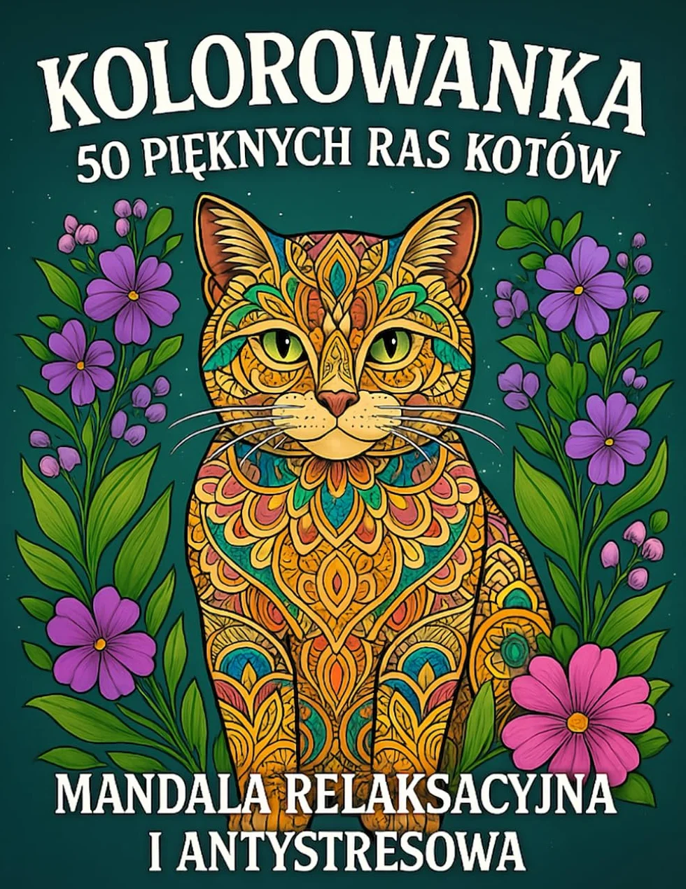 Kolorowanka 50 Pięknych Ras Kotów: Mandala Relaksacyjna i Antystresowa, A4 Jednostronna.