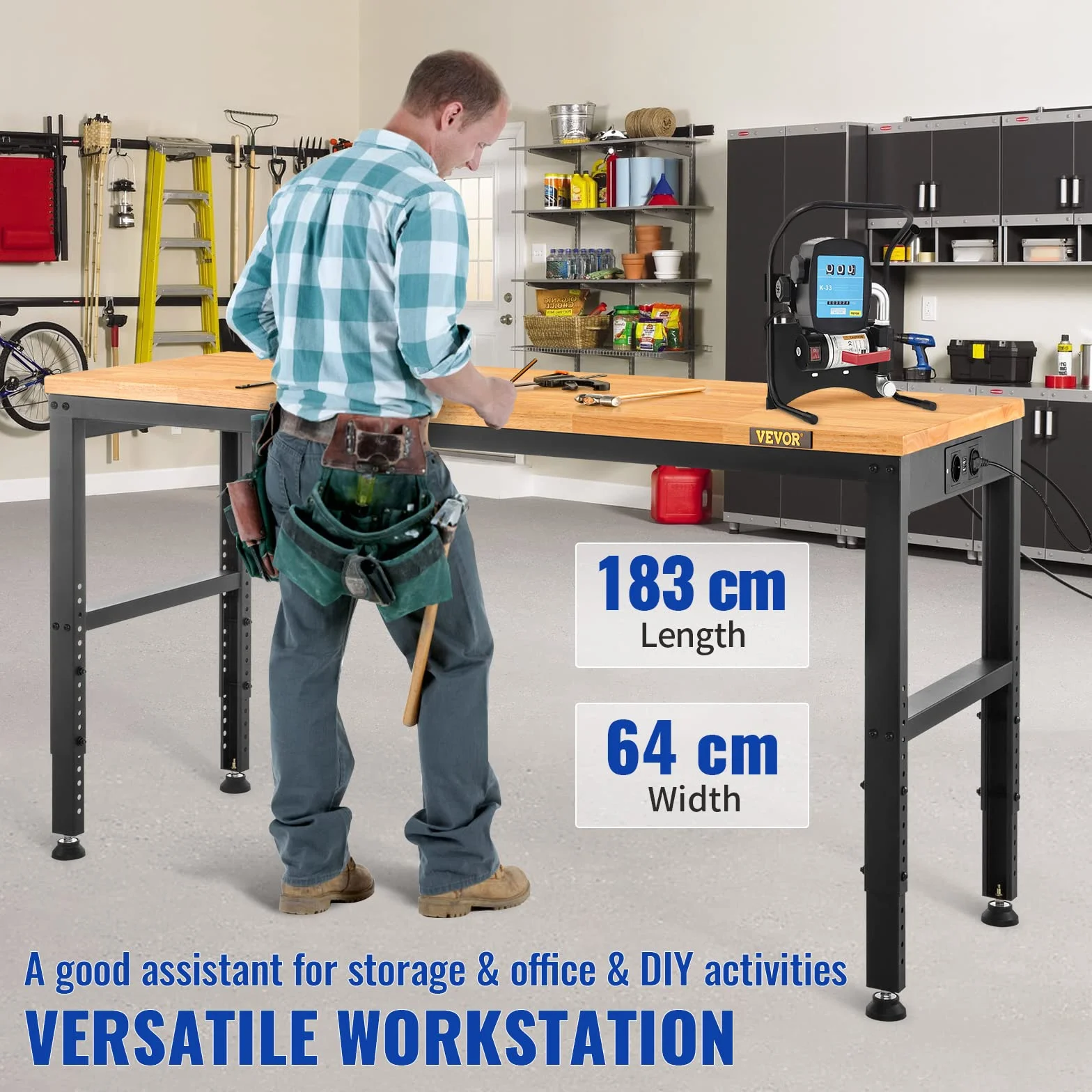 VEVOR Stół warsztatowy 183x64x97 cm regulowana wysokość 72-97 cm blat z twardego drewna stalowa rama
