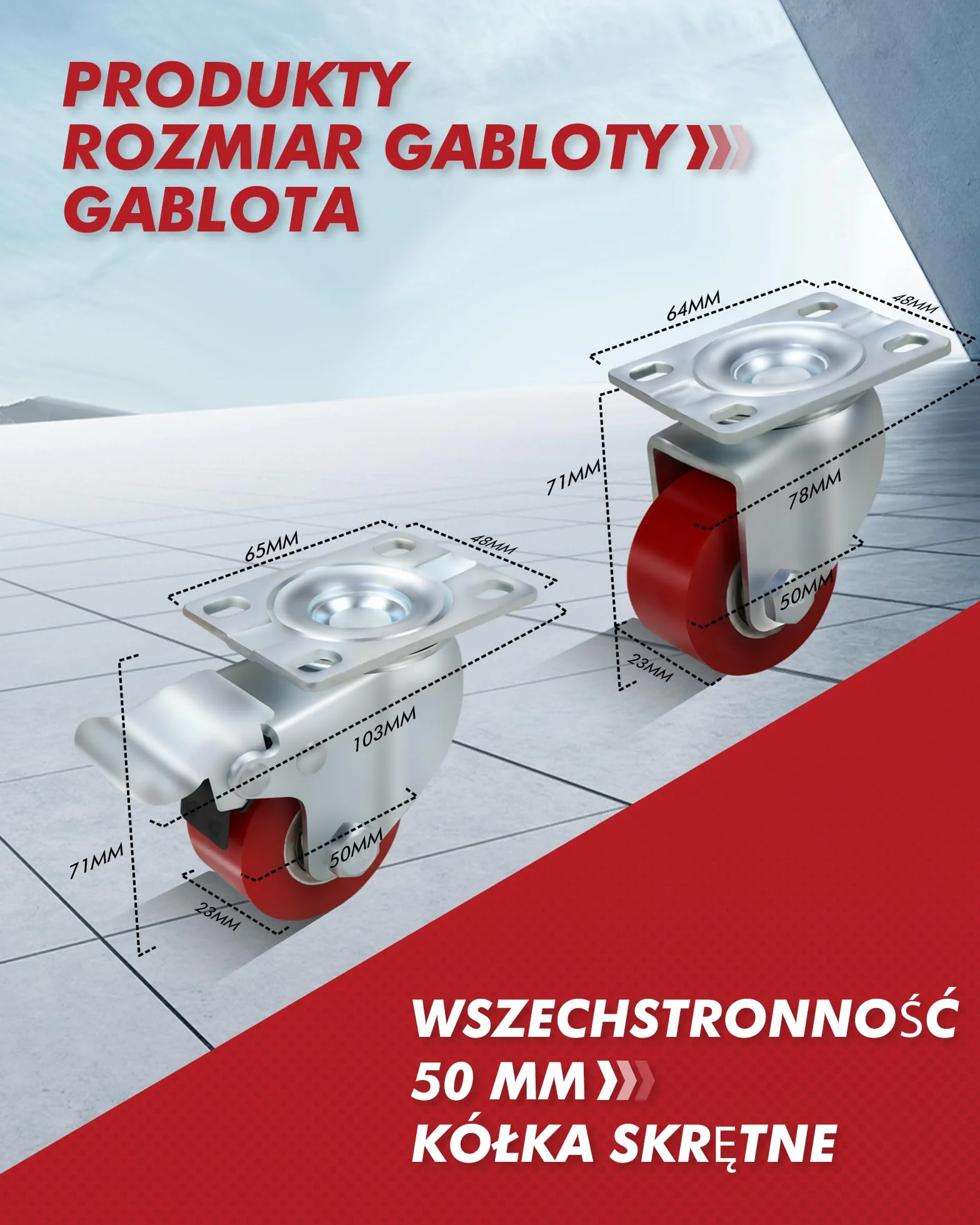 4 rolki przemysłowe, 50 mm, kółka do dużych obciążeń, 1000 kg, ciche kółka skrętne z płytą PU, kółka skrętne z hamulcem, stalowy pałąk, do transportu fabrycznego, tramwaju, stołu warsztatowego (2 cale