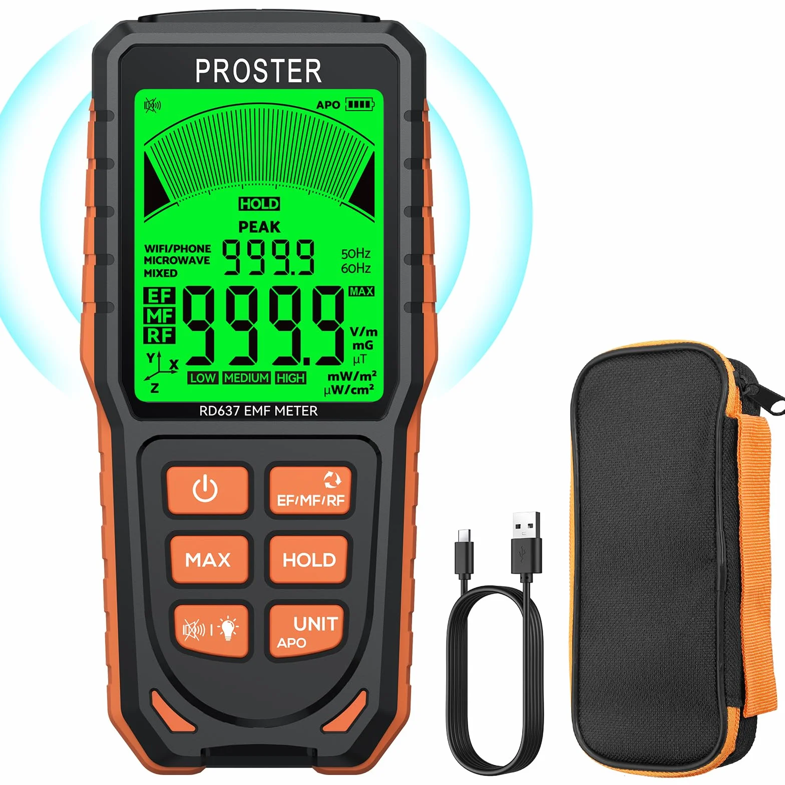 Proster Akumulator EMF, elektromagnetyczny detektor promieniowania pola elektromagnetycznego 3 w 1 z 3 kolorowym wyświetlaczem i alarmem dźwiękowym dla 3-osiowego EF RF MF X/Y/Z
