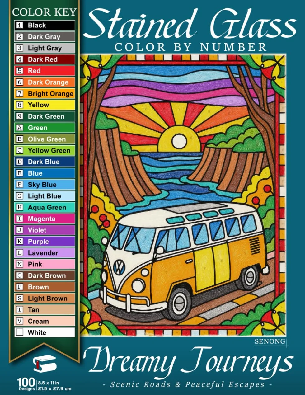 Dreamy Journeys Stained Glass Color By Number: Scenic Roads & Peaceful Escapes