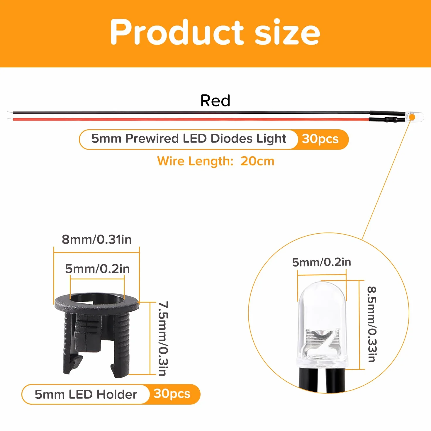30 Sztuk 5mm 12V Przewodowe Diody LED Światło, Czerwony, 20cm Przewodowe Diody LED + 30 Sztuk 5mm Plastikowy Uchwyt