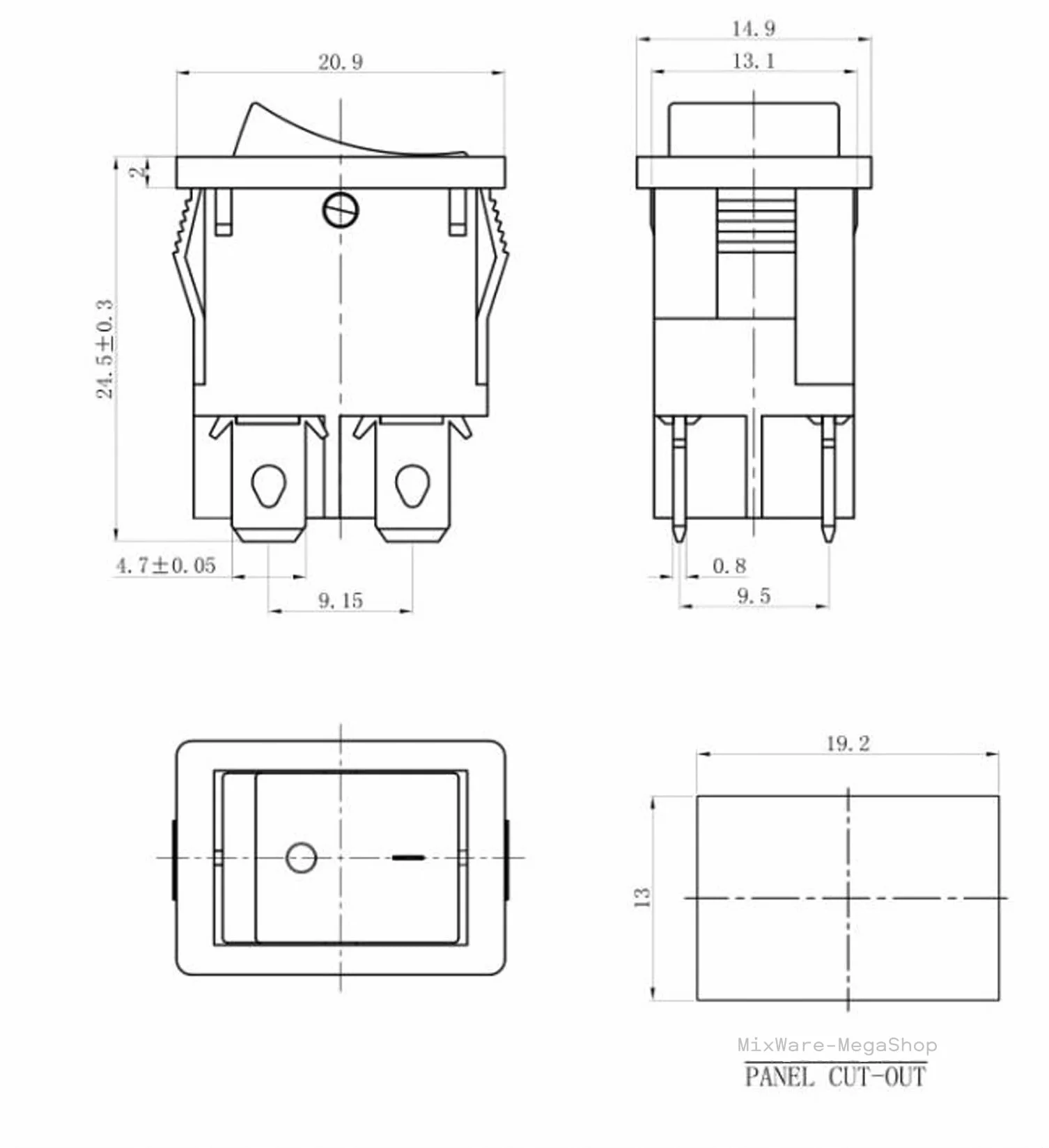 Przełącznik kołyskowy do zabudowy, zielony, wymiary ramy 21 x 15 mm, 6 A, 250 V ~ 4 piny, podświetlany