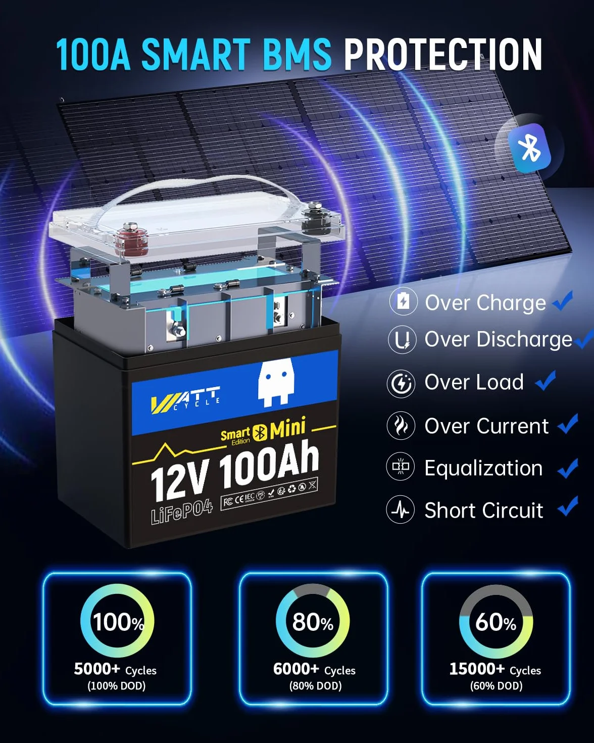 WattCycle Bateria litowa 12V 100Ah LiFePO4 z Bluetooth BCI Group 24 Smart BMS 15000 cykli