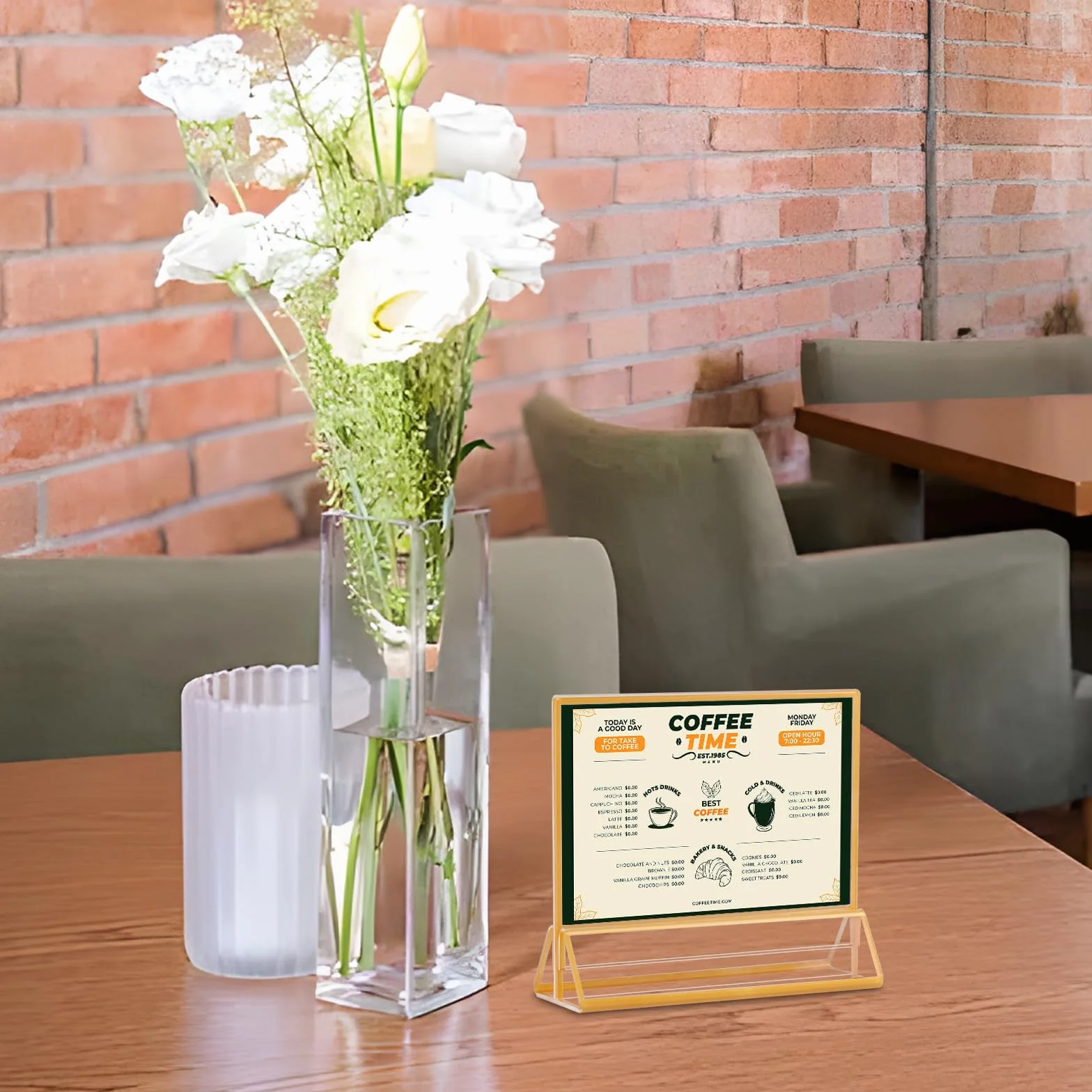 AMEITECH 6 x 4 poziomy akrylowy uchwyt na znaki ze złotymi obramowaniami, przezroczyste dwustronne stojaki na menu stołu, ramki na zdjęcia na stół weselny, tabliczki do restauracji, zdjęcia i