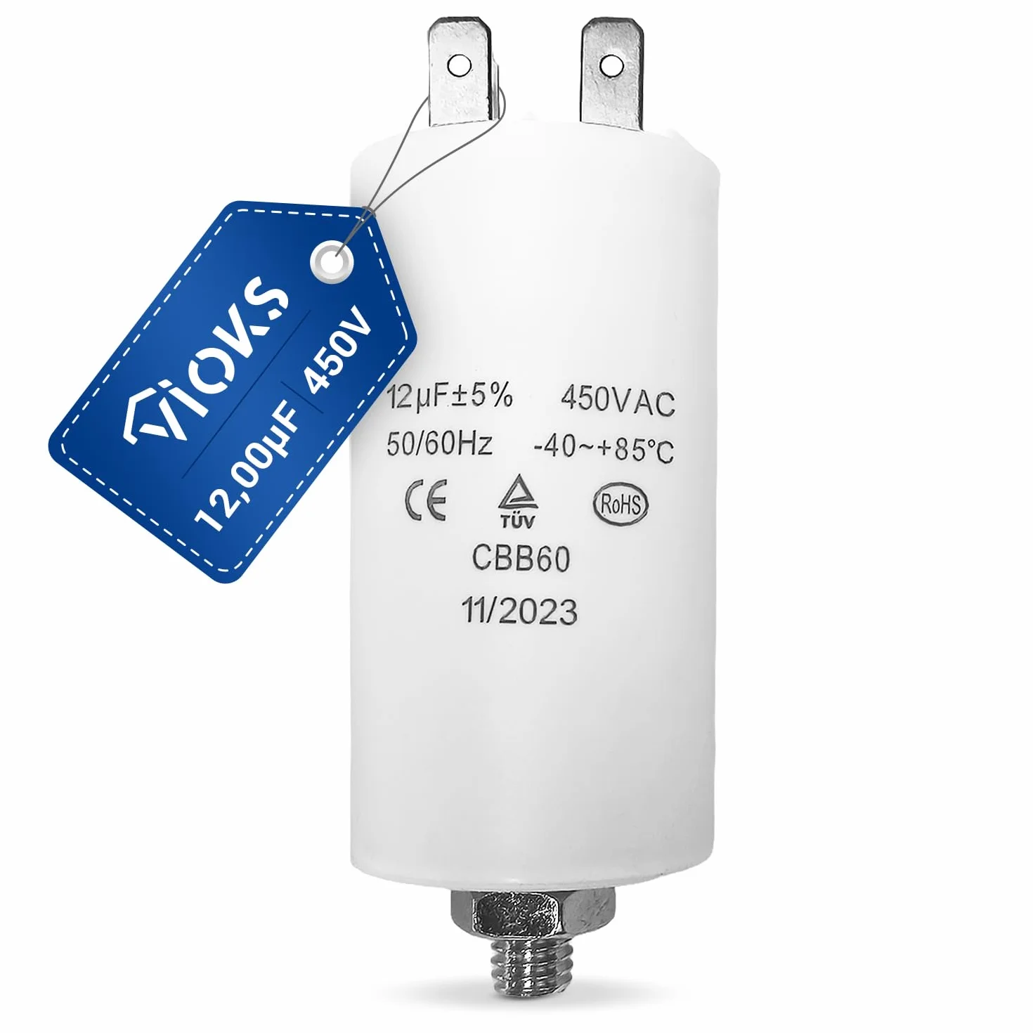 VIOKS Kondensator CBB60 12µF 450V rozruchowy uniwersalny z wtykami AMP 6,3mm i śrubą M8