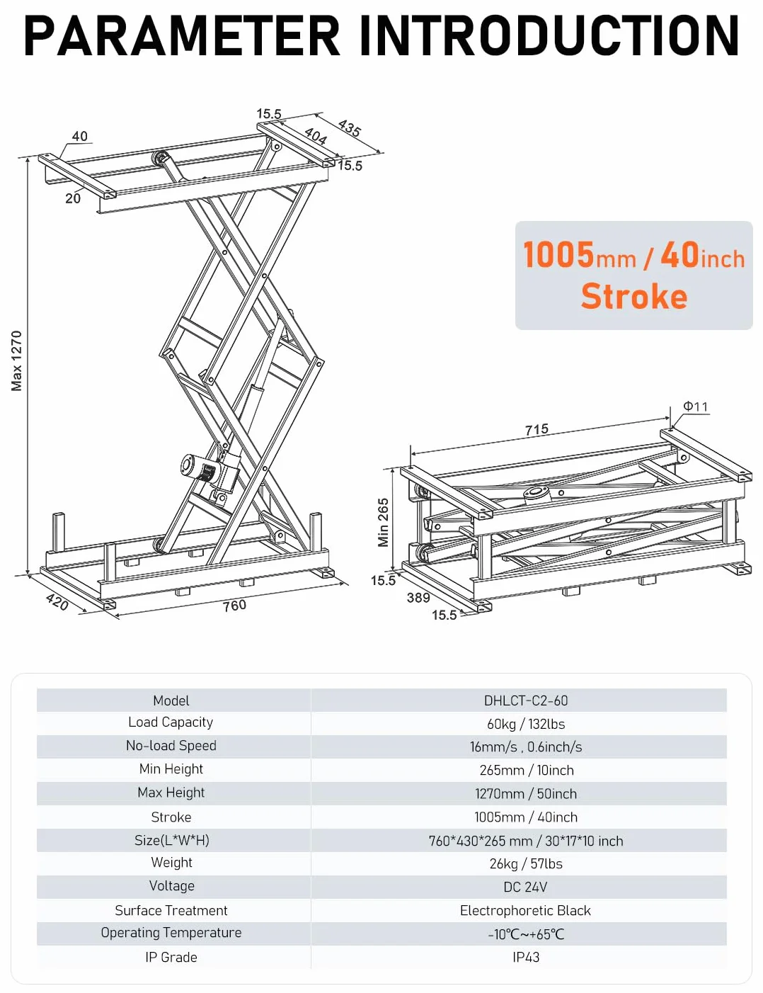 DIHOOL Stół do podnoszenia nożycowego Elektryczny podnośnik nożycowy kfz lift DIY stół podnoszenia (60kg nożycowość, 1005mm wysokość podnoszenia)