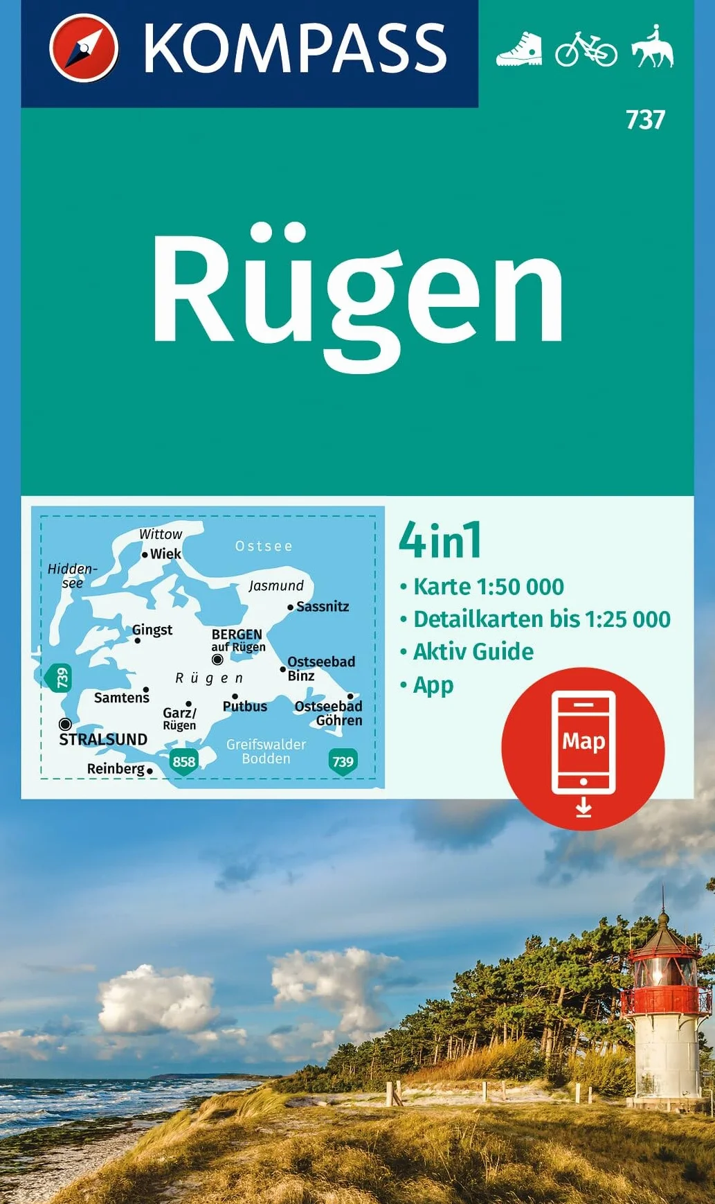 Insel Rügen 4in1 Wanderkarte mit Aktiv Guide 1:25000 KOMPASS-App Fahrradfahren Reiten 737