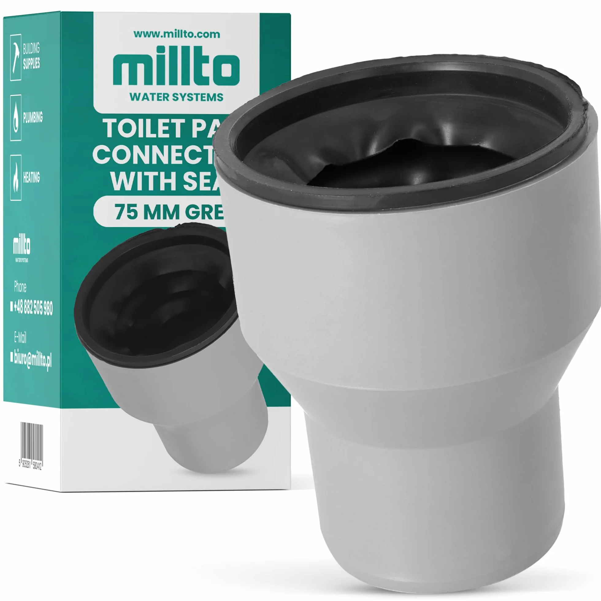 Millto™ Króciec przyłączeniowy WC 75 z gumowymi uszczelkami, rura przyłączeniowa, zestaw przyłączeniowy do rury toaletowej, uszczelka, przyłącze, akcesoria, przyłącze do muszli klozetowej