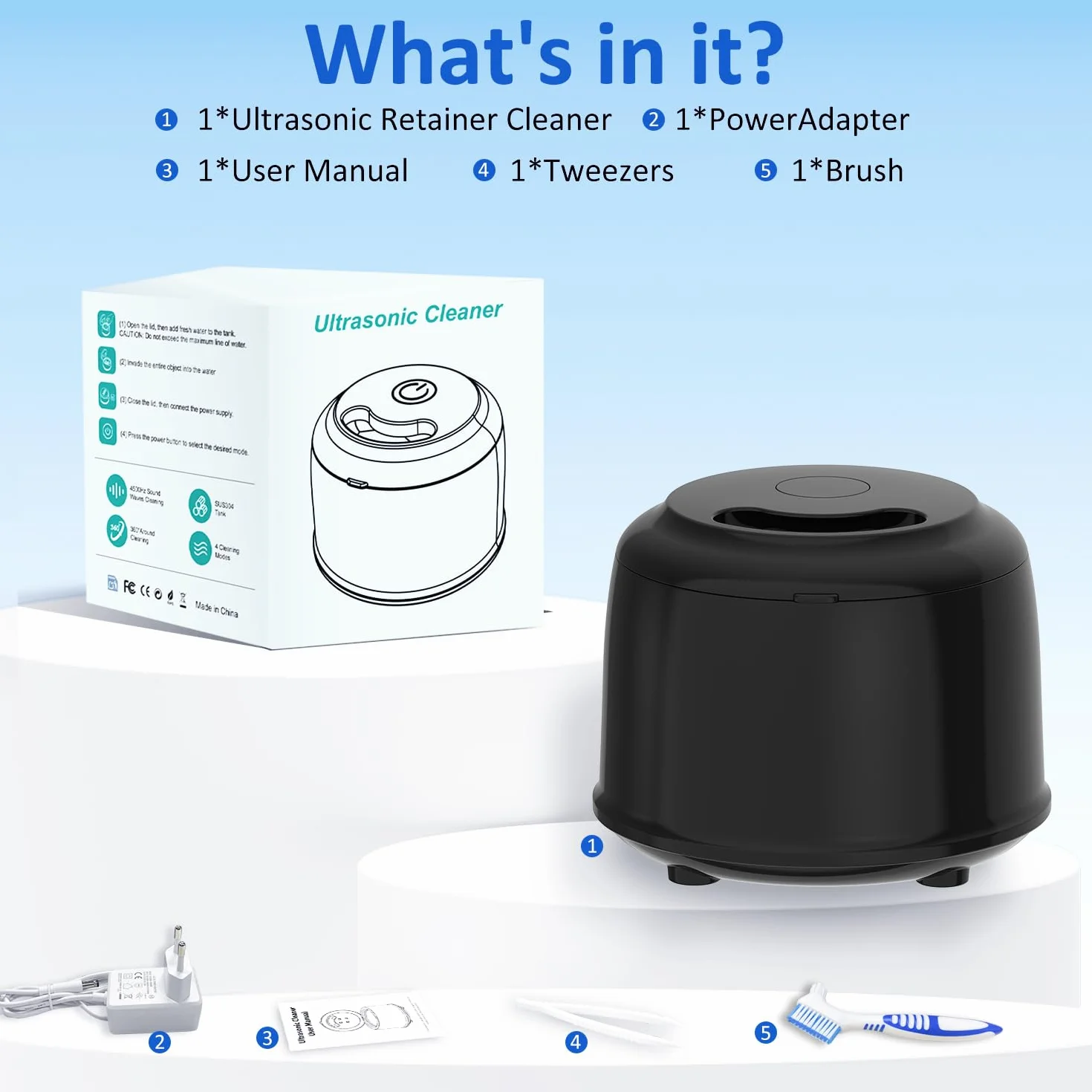 Ultrasoniczne urządzenie do czyszczenia zębów 45000 Hz, 200 ml, 4 tryby, 25 W, ultradźwiękowe urządzenie do czyszczenia szyn zębowych, protez, protez, protez, główki szczoteczki do zębów (czarne)
