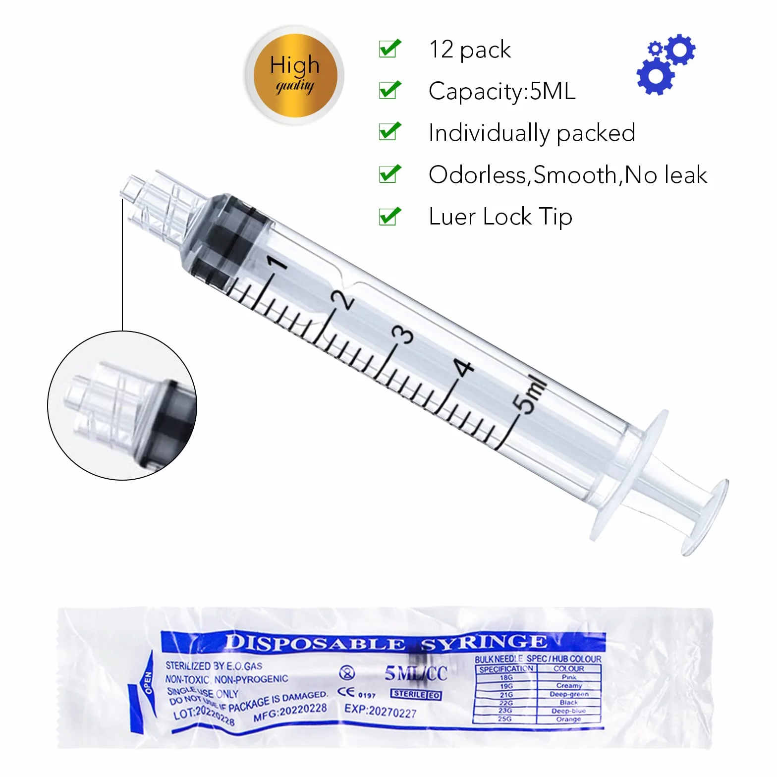 20 sztuk strzykawek Luer Lock 5 ml, pojedyncza strzykawka z tworzywa sztucznego do laboratoriów naukowych, pomiar płynów, zwierząt domowych, aplikator oleju lub kleju (5 ml, 20)