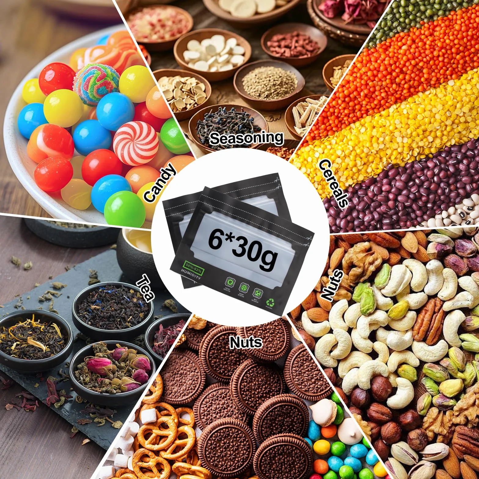 VOSSOT 6 szt. 30 g wielokrotnego użytku, hermetyczne torby z kontrolą zapachu, ochrona przed promieniowaniem UV, kontrola wilgotności (58-62%), szczelne torby na zioła, żywność, przechowywanie zbóż