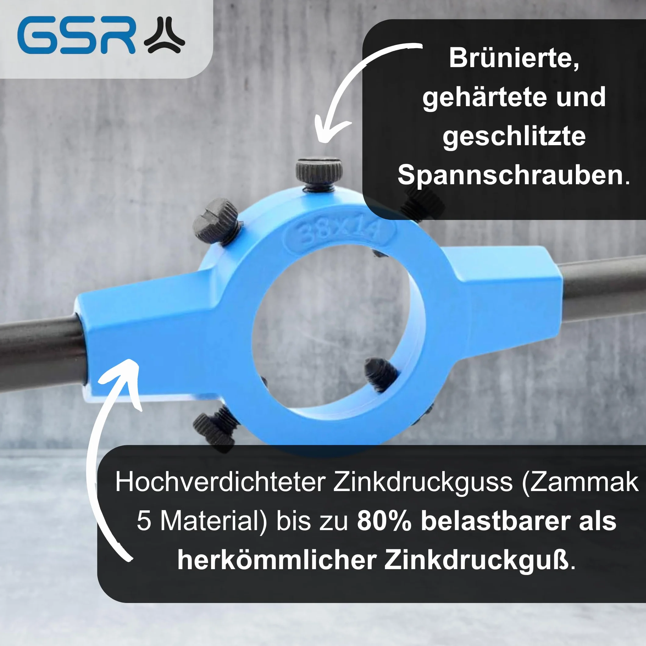 GSR Srebrny uchwyt do narzynki (65 x 18) DIN EN 22568 (DIN 223), cynkowy odlew ciśnieniowy, radełkowanie uchwytów dla lepszej przyczepności, mocowanie okrągłych narzynek, narzędzie przytrzymujące