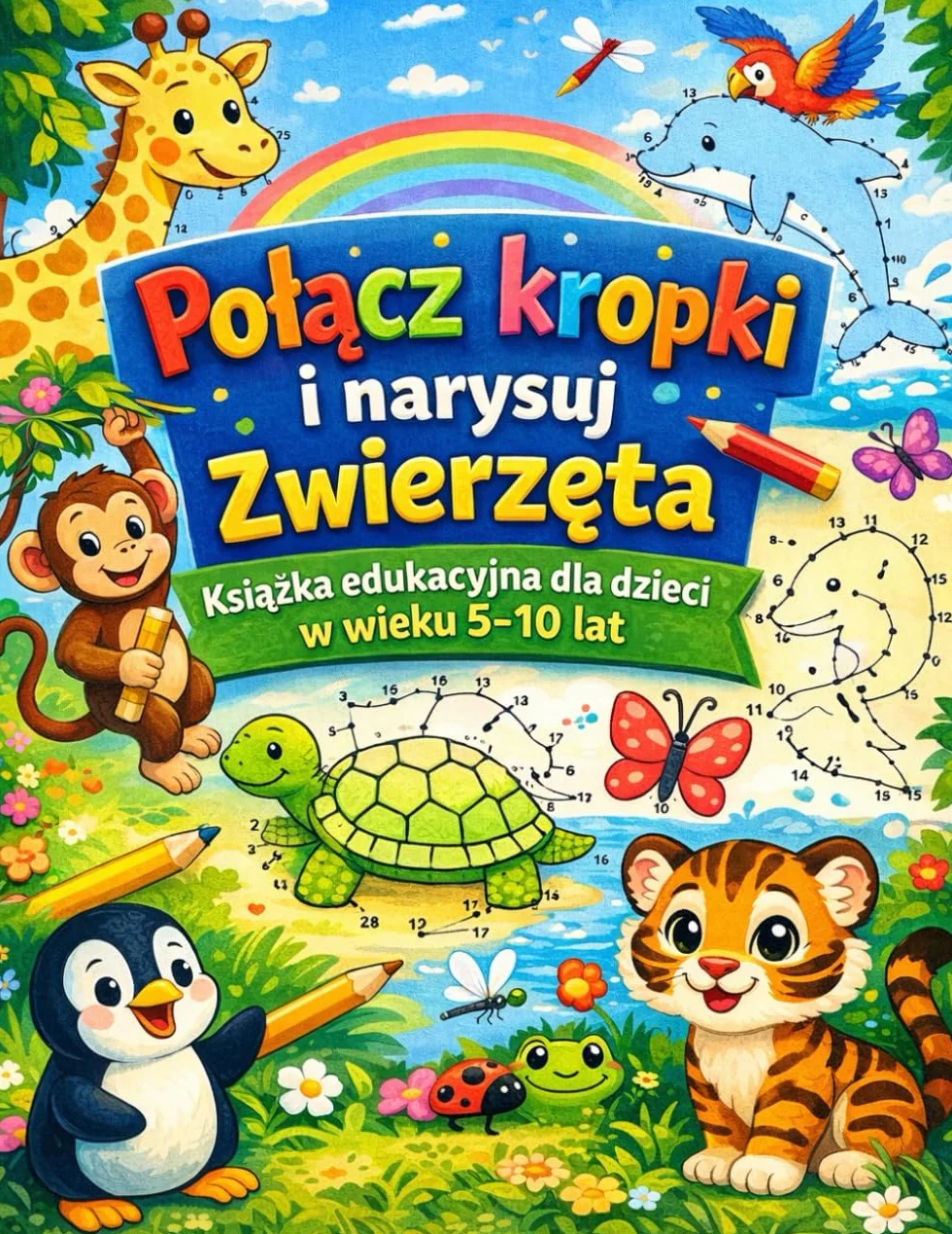 Połącz kropki i narysuj zwierzęta: Książka edukacyjna dla dzieci 5–10 lat | Kolorowanki, nauka liczb, koncentracja i zabawa bez ekranu