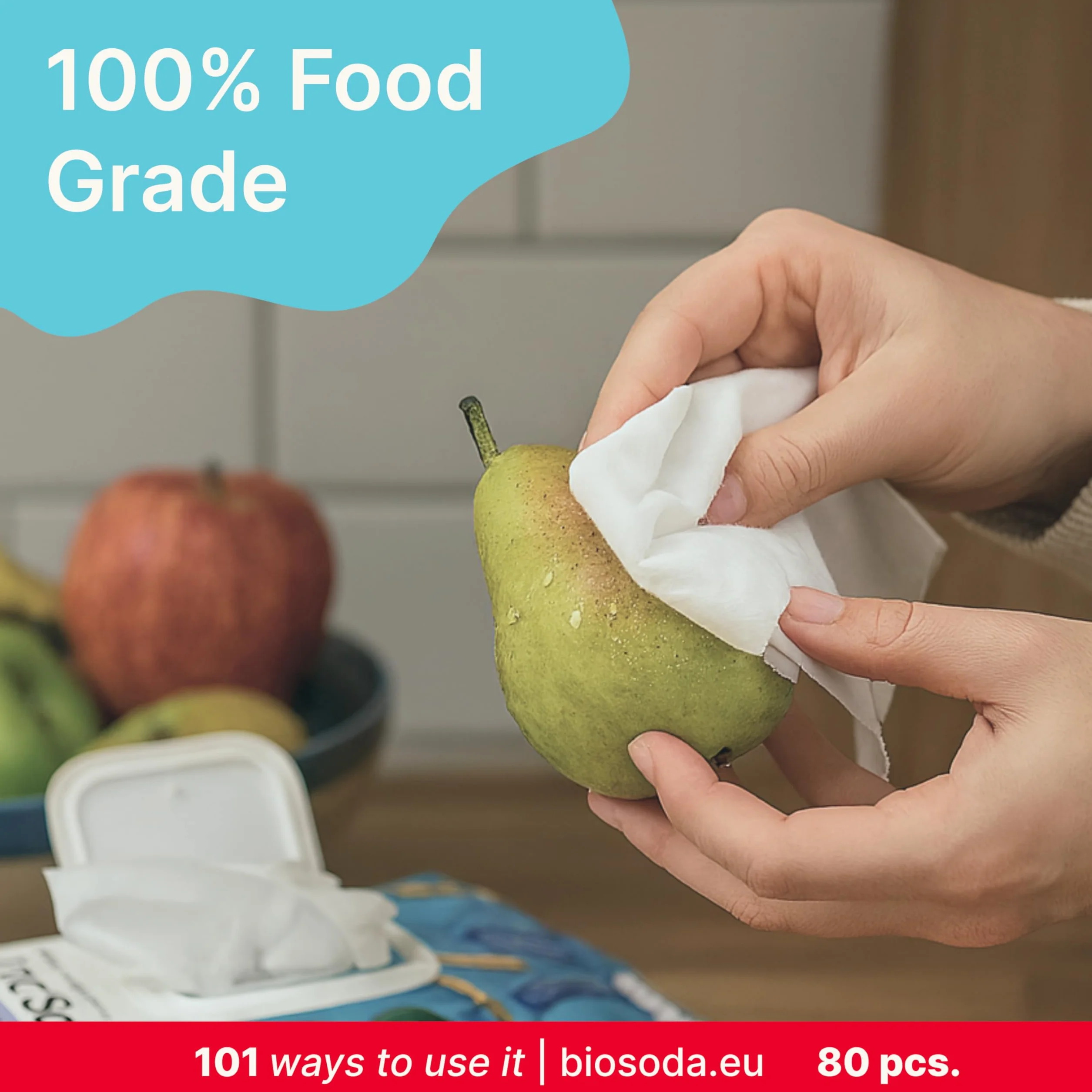 Mr. Soda Chusteczki Nawilżane do Żywności 80 sztuk, 100% Bawełna, Bezalkoholowe i Bez Parabenów