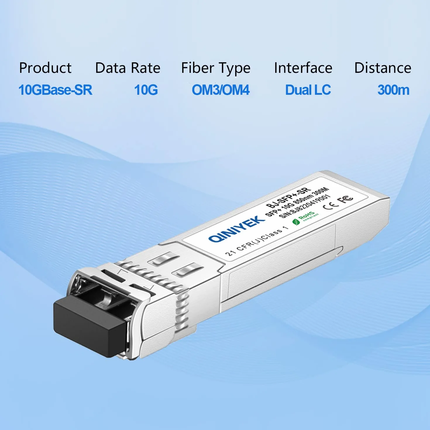 QINIYEK 10GBase-SR SFP+ Módulo LC SFP+ Multimodo 10G, 850 nm, 300 m, Compatible con Cisco, Ubiquiti, Fortinet, Mikrotik, Supermicro (Paquete de 2)