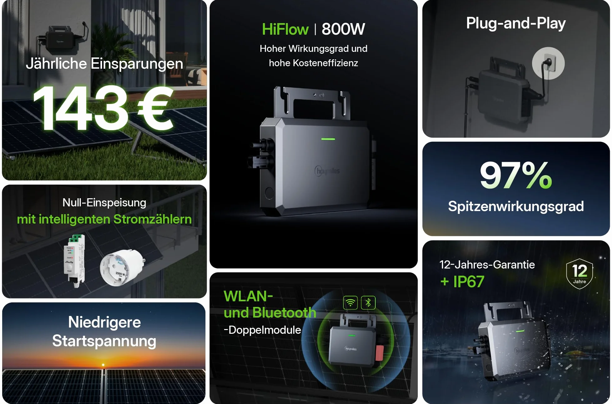 Hoymiles HiFlow 800 mikro-inwerter 800W WLAN Bluetooth Plug & Play z kablem Schuko 5m