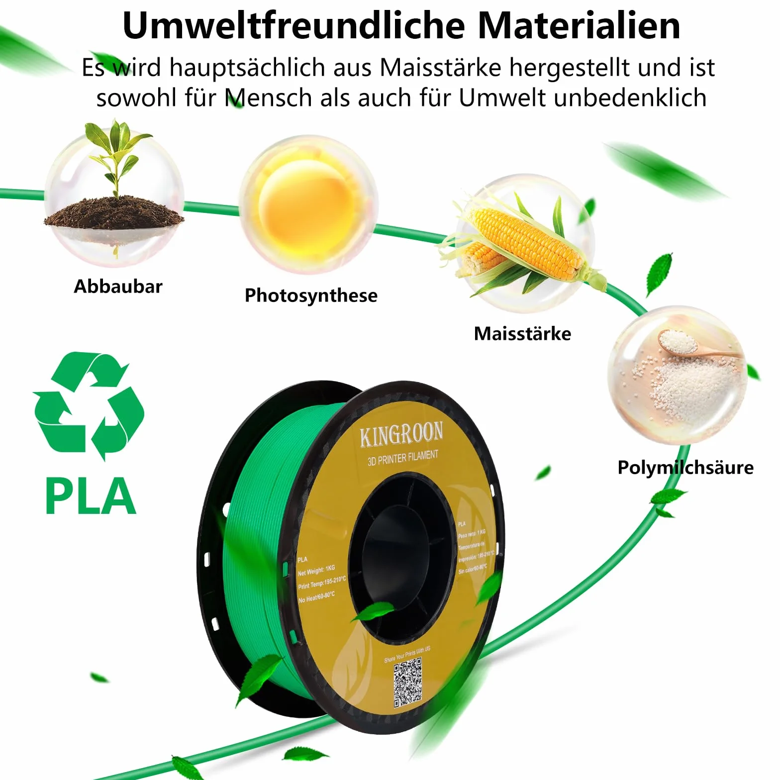 Kingroon Materiały eksploatacyjne do drukarek 3D PLA, dokładność wymiaru +/-0,03 mm, szpula 1 kg (2,2 lbs), 1,75 mm, zielone