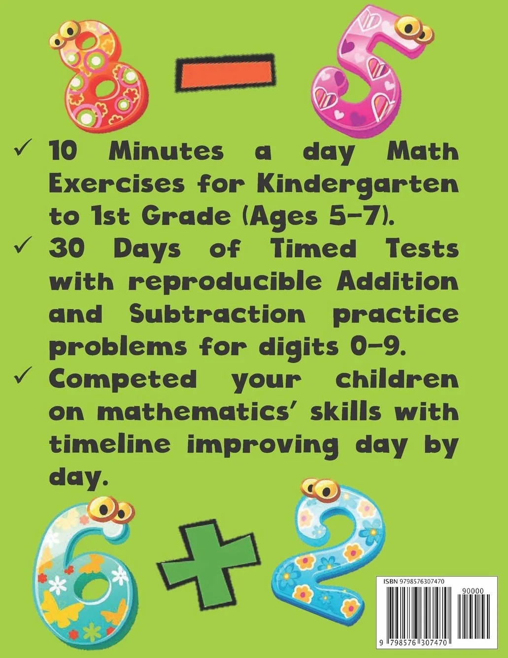 10 Minutes a Day Math Exercise for Kindergarten Vol.1: 30 Days of Math Timed Tests with Addition and Subtraction, Ages 5-6, Digit 1-9