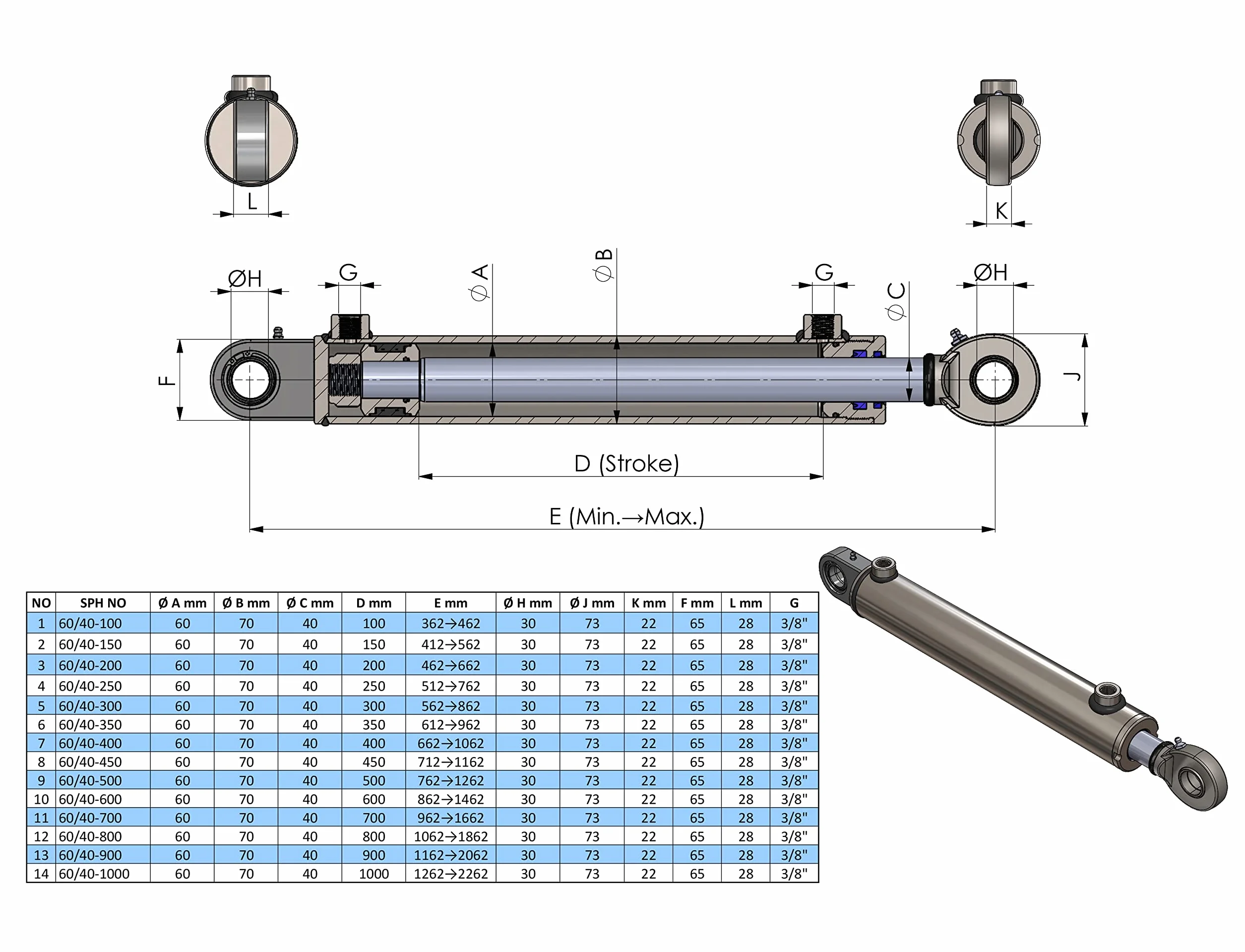 Cylinder siłownik hydrauliczny jednostronnego działania długość 40/25 (40/25-300 mm)