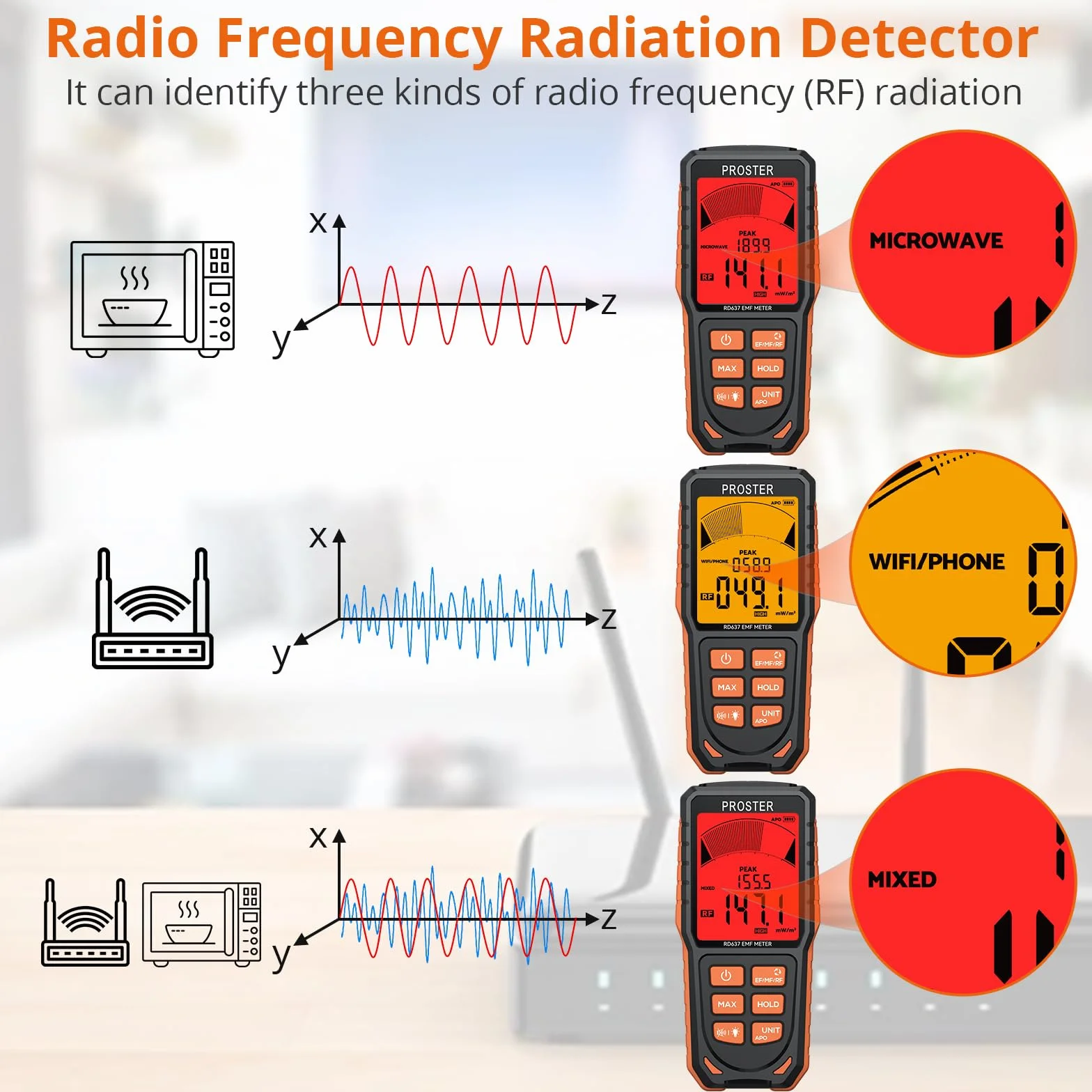 Proster Akumulator EMF, elektromagnetyczny detektor promieniowania pola elektromagnetycznego 3 w 1 z 3 kolorowym wyświetlaczem i alarmem dźwiękowym dla 3-osiowego EF RF MF X/Y/Z