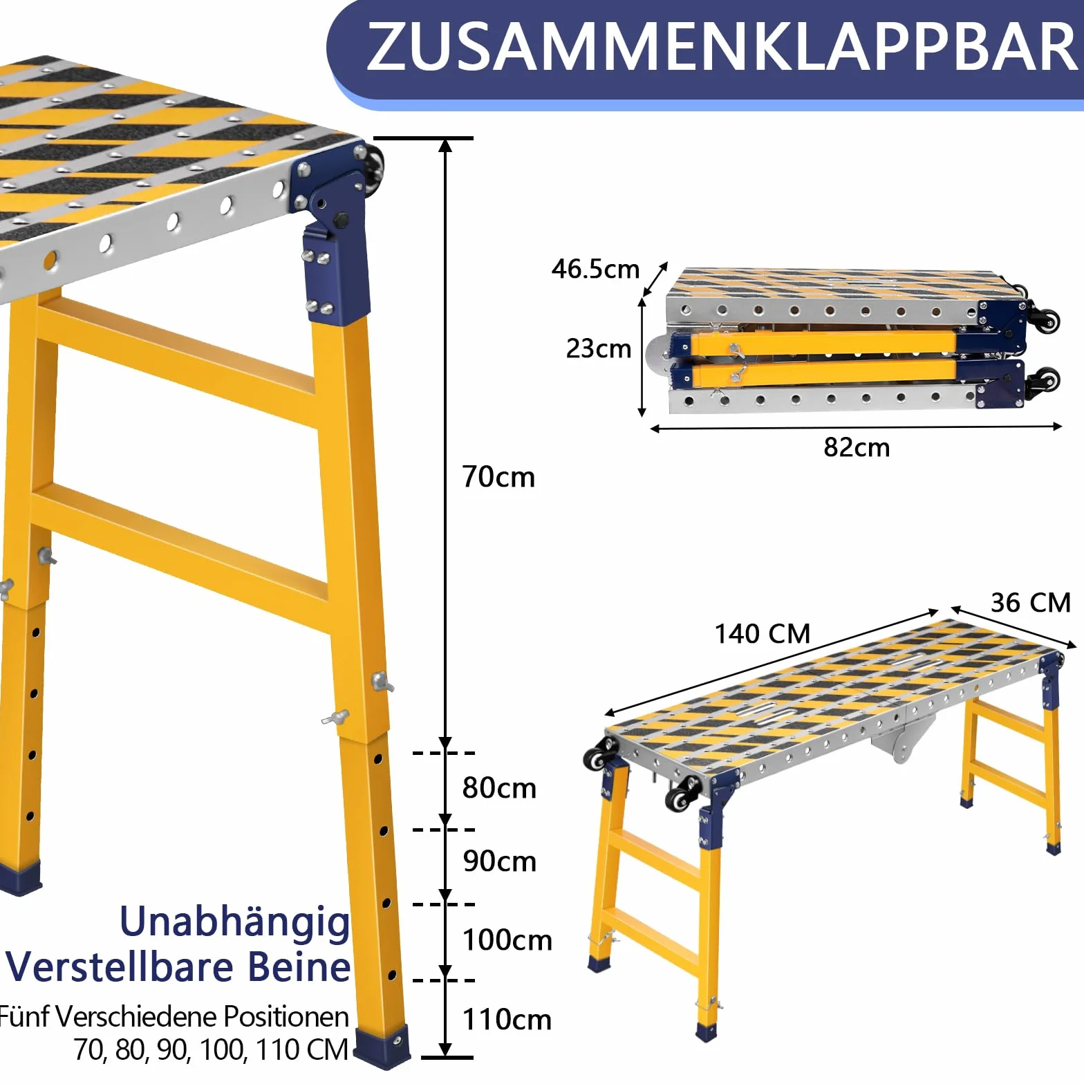 Składana platforma robocza 2 w 1 140 x 36 cm ocynkowana z regulacją
