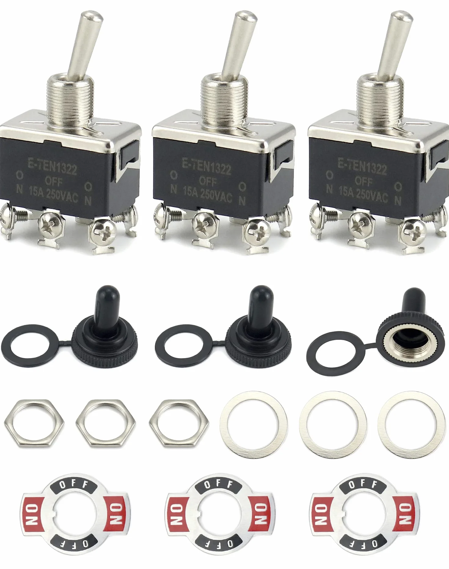 QWORK® Przełącznik dwustabilny, AC380V 15A / AC250V 10A 3 pozycja 6 Terminal ON-Off-ON Przełącznik kołyskowy z czarną wodoodporną osłoną, 3 szt.