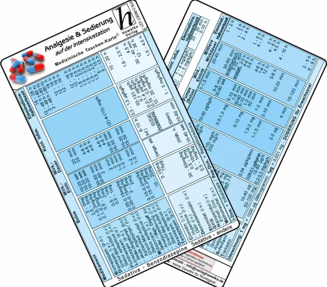 Intensiv-Station Karten-Set Analgesie Sedierung Blutgase Differentialdiagnose Herzrhythmusstörungen Inkompatibilitäten intravenöser Medikamente Reanimation