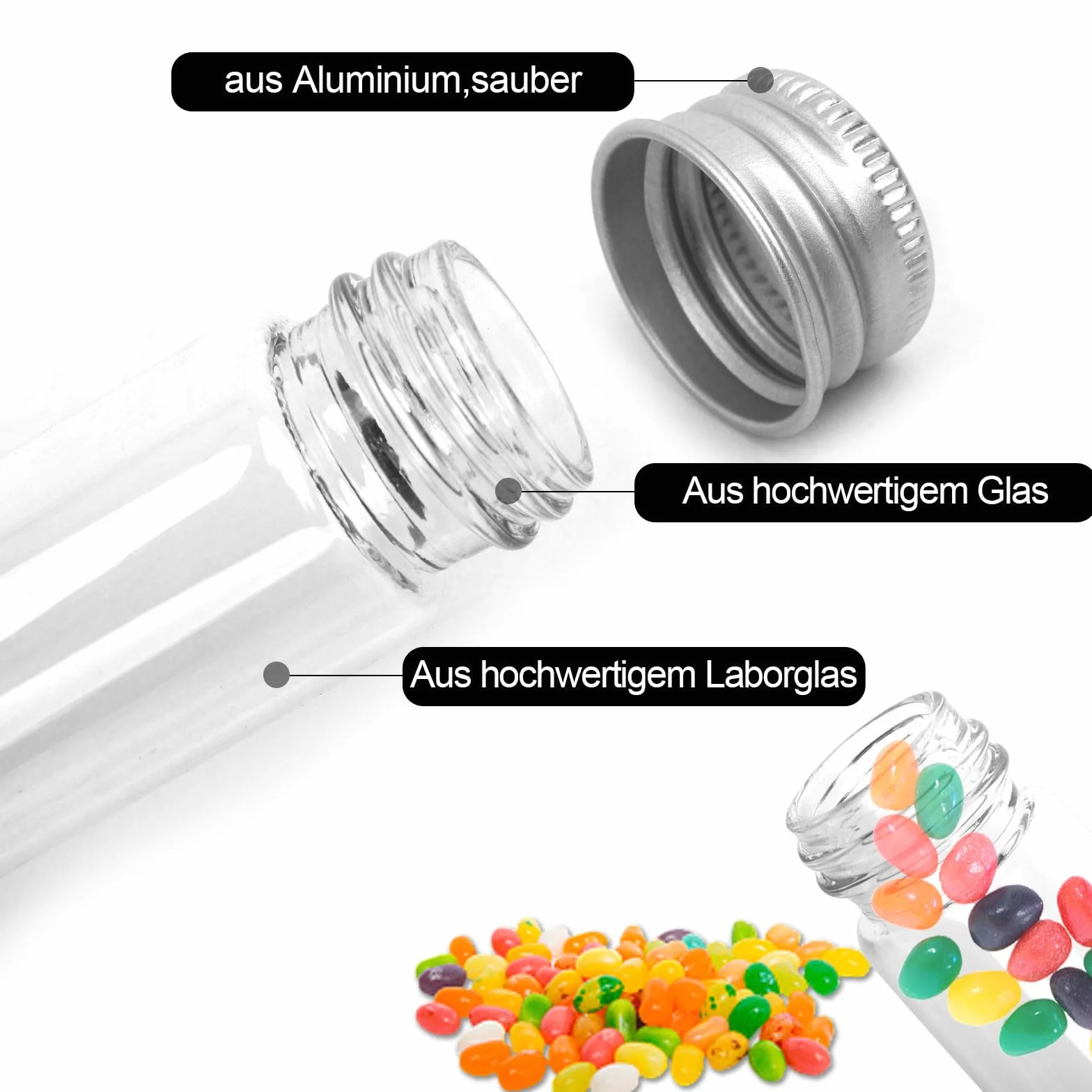 JiangLin 40 sztuk probówek z nakrętką, z aluminium, 25 ml, mała szklana buteleczka szklana, przejrzysta próbka płynu, butelki z 2 lejkami i szczotką do czyszczenia, pamiątkowa butelka z sierścią