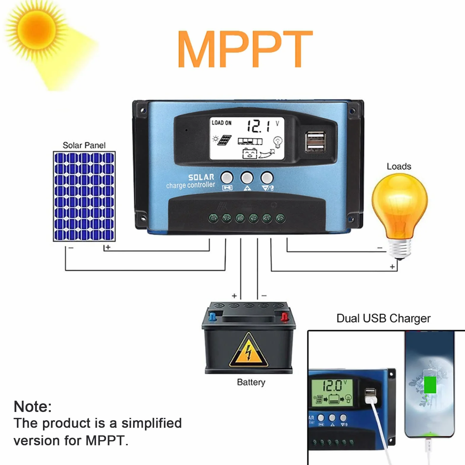 40/50/60/100A MPPT kontroler ładowania słonecznego, Fydun USB 12 V 24 V podwójny kontroler USB automatyczny zasilacz baterii z wyświetlaczem LCD (100A)