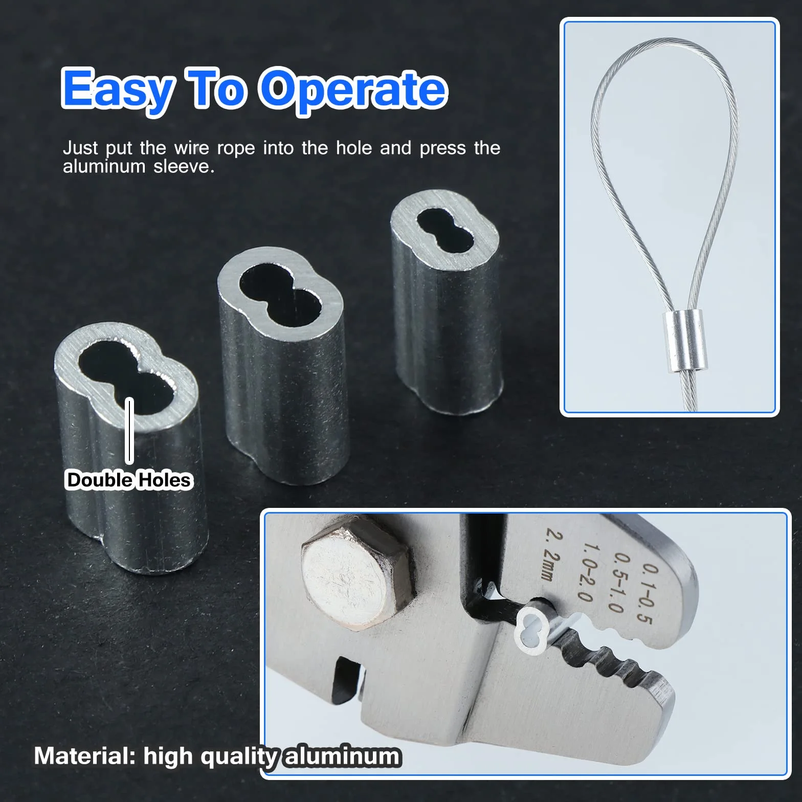 Zaciskarka do lin stalowych 2,2 mm, 150 szt. tulejek aluminiowych 3 rozmiary
