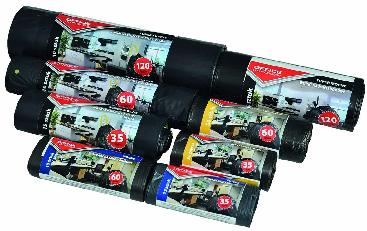Office Products worki na śmieci 60 l – 10 sztuk z tasiemką ściągającą, ekstra mocne LDPE, worki na śmieci, worki na śmieci, worki na odpady domowe, do biura, kolor: czarny, grubość folii: 25 μm