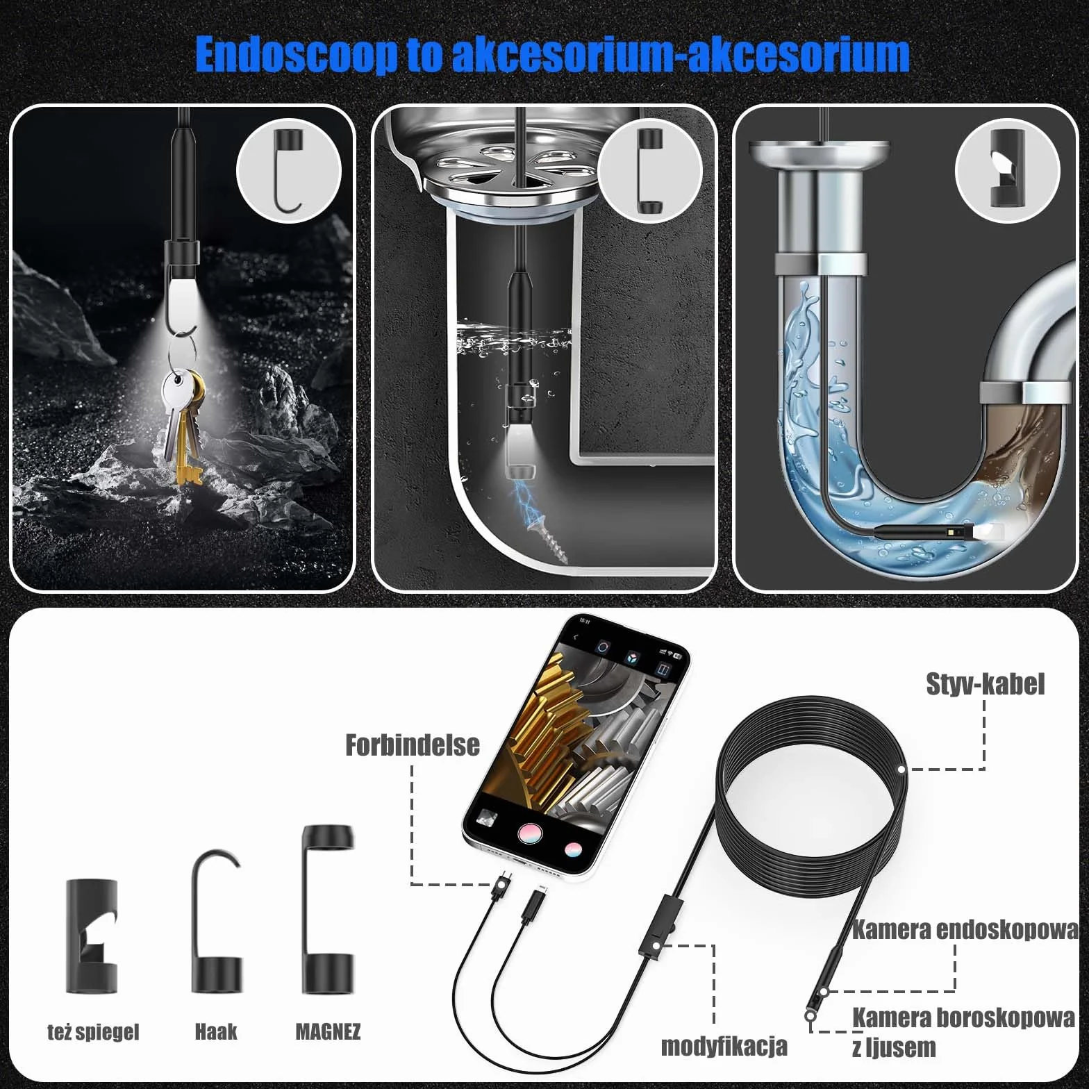 Kamera endoskopowa z dwoma obiektywami,Kamera endoskopowa1920P Obiektyw 7,9mm Kamera endoskopowa 8+1 diod LED,IP67 Wodoodporny,Obrót o 360 stopni Kompatybilny z iPhone/Android, kabel 5M