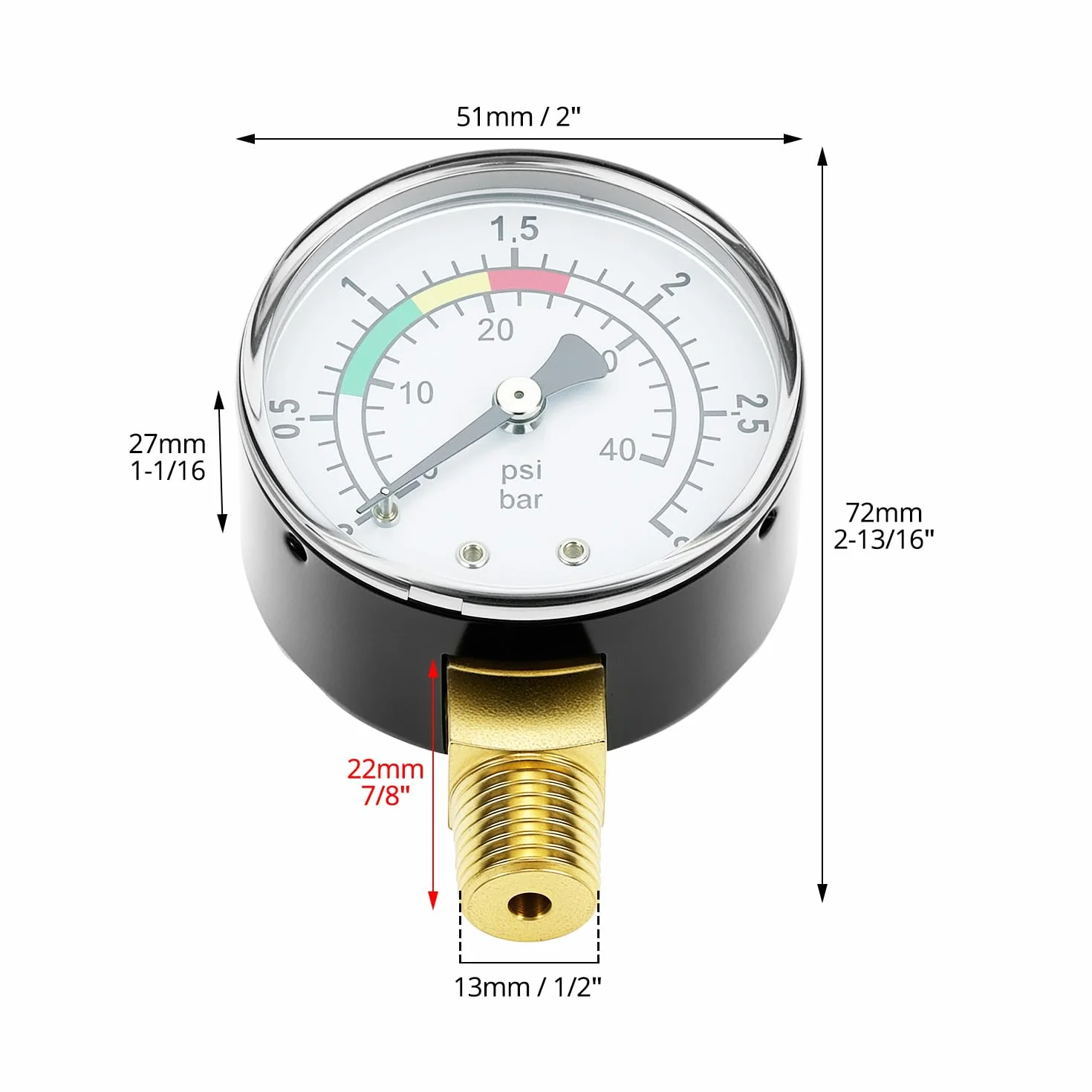 Manometr wody 1/4" BSPT 0-3 bar Ø53 mm z mosiężnym adapterem