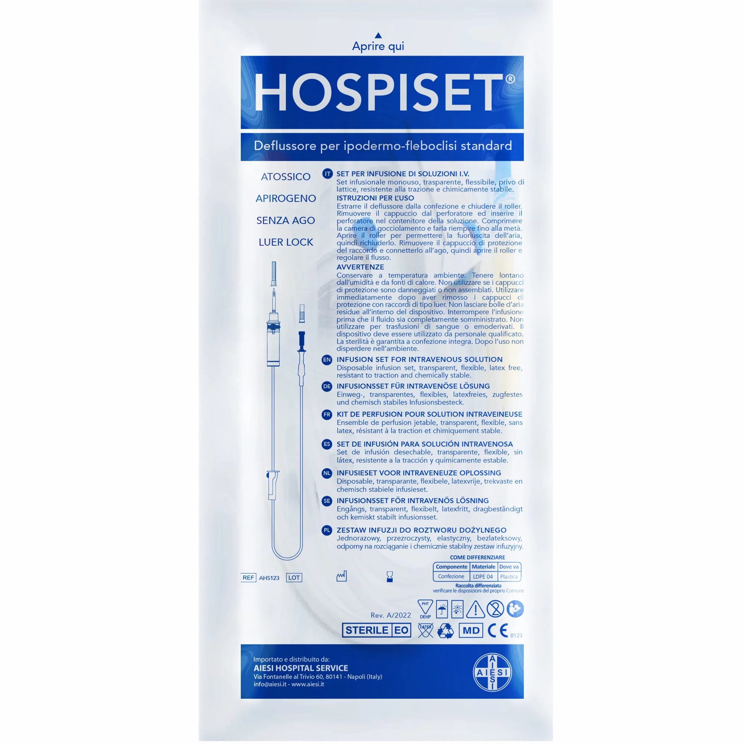 AIESI® Zestawy do Infuzji sterylne jednorazowe krople z połączeniem luer lock HOSPISET, (Opakowanie 500 sztuk), Bez lateksu, Bez igieł