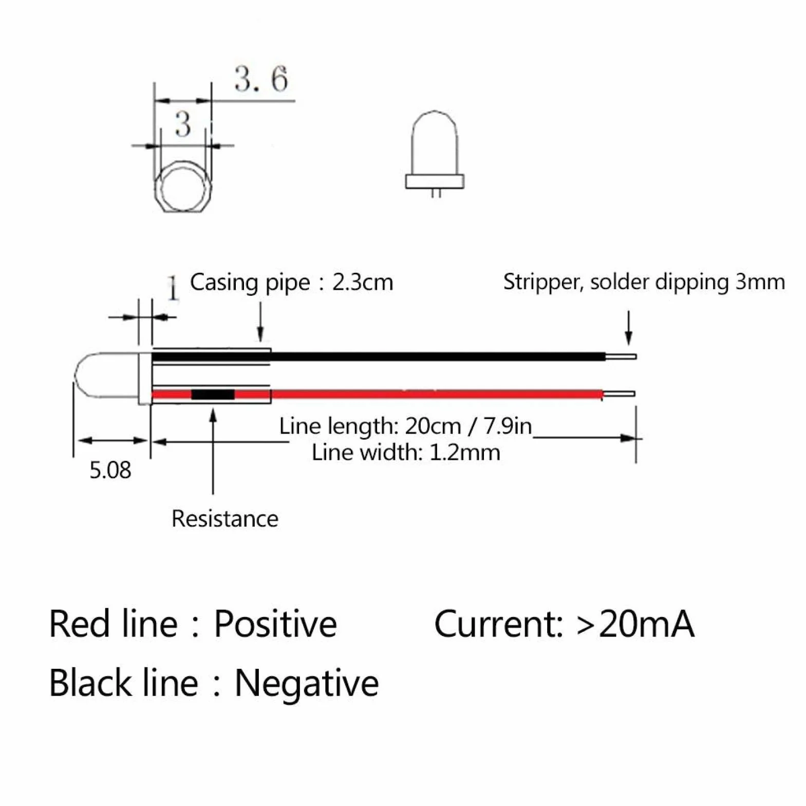 Wstępnie przewodowa dioda LED 12 V 0,06 W 3 mm niskie zużycie energii dioda LED wielokolorowy kabel diodowy LED, 20 cm (czerwony)