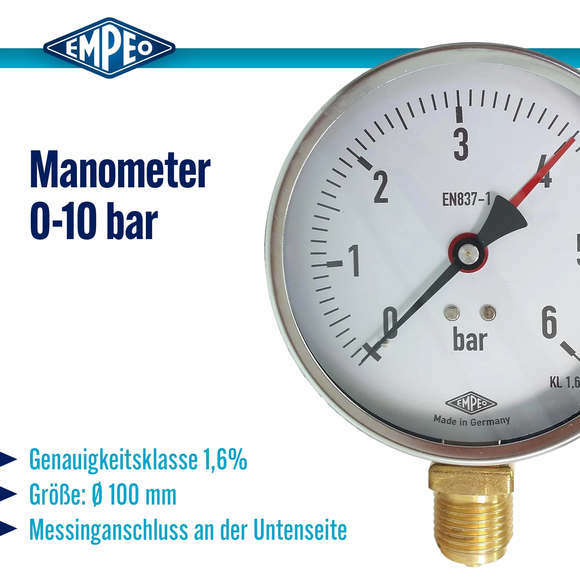 Manometr, NG100, 0-10bar, G1/2" na dole