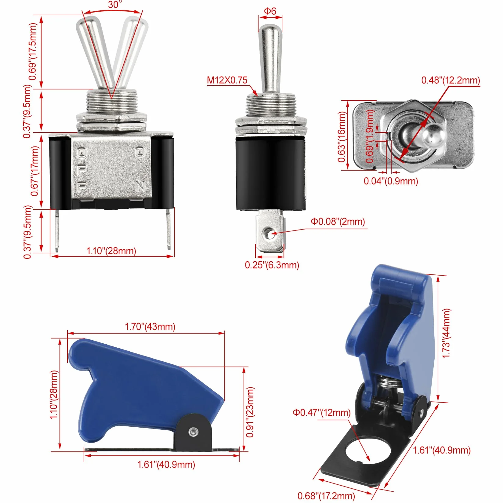 Heschen Metalowy przełącznik dźwigienkowy Flick Flip, 12 V 20 A, SPST, wł./wył., 2 pozycje, 2-biegunowy, z wodoodporną nasadką (niebieska nasadka)